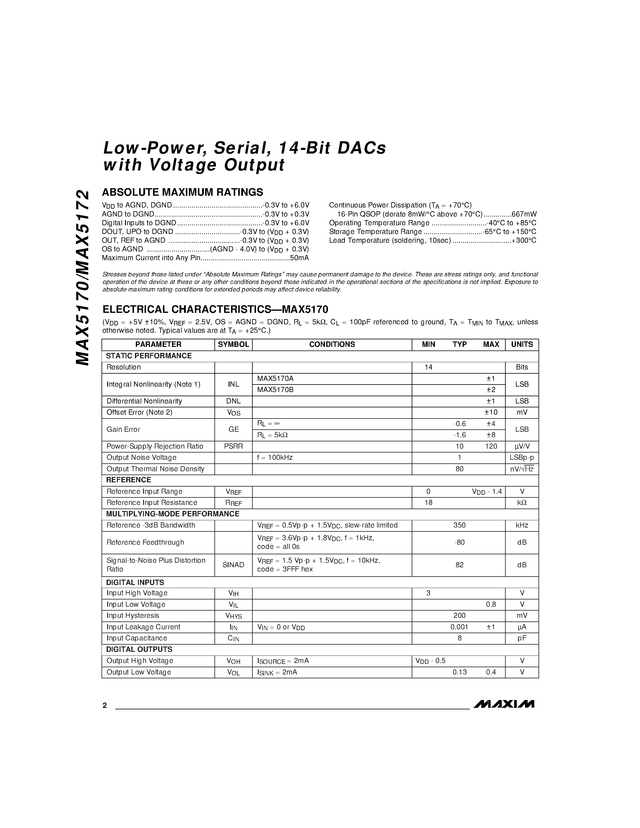Datasheet MAX5172AEEE - Low-Power / Serial / 14-Bit DACs with Voltage Output page 2
