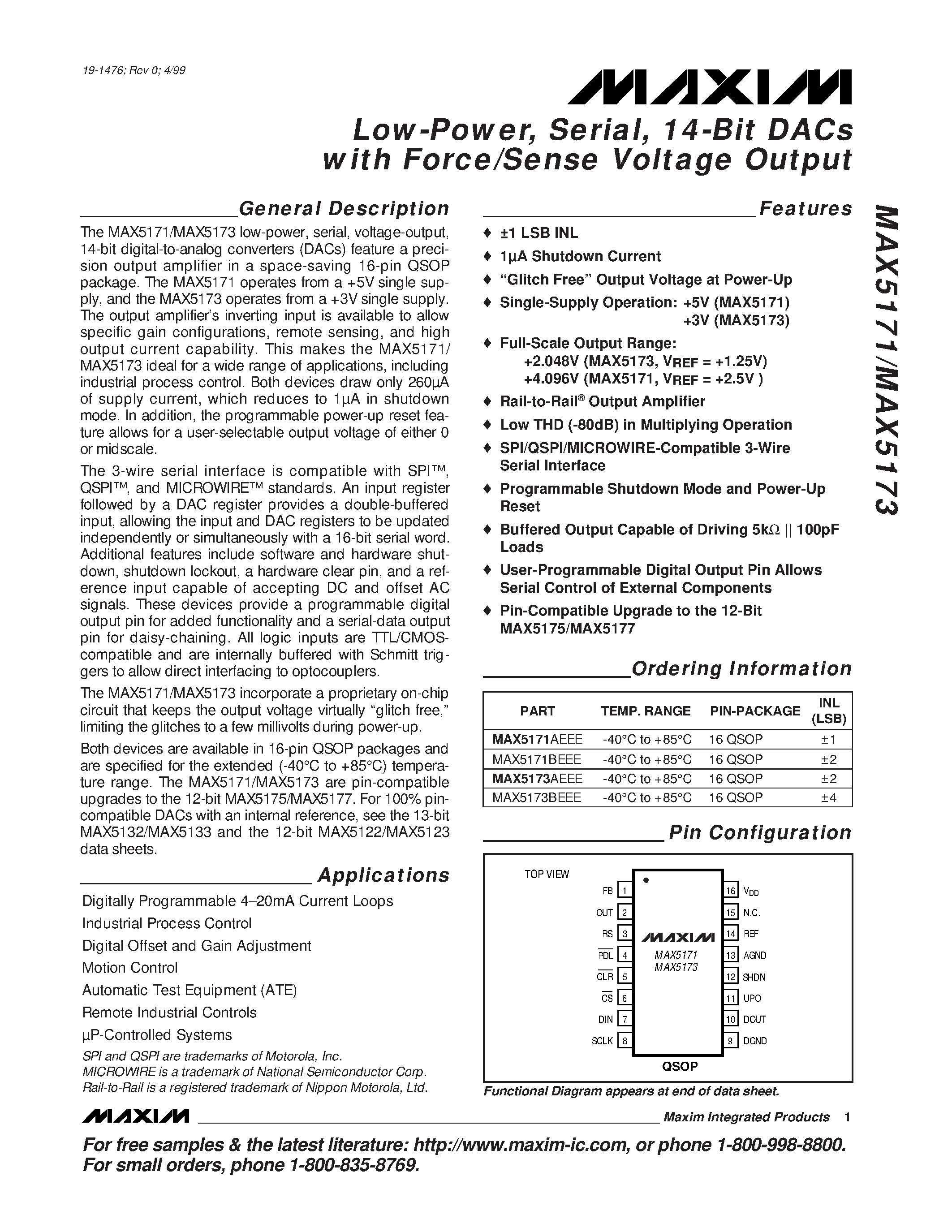 Datasheet MAX5173AEEE - Low-Power / Serial / 14-Bit DACs with Force/Sense Voltage Output page 1