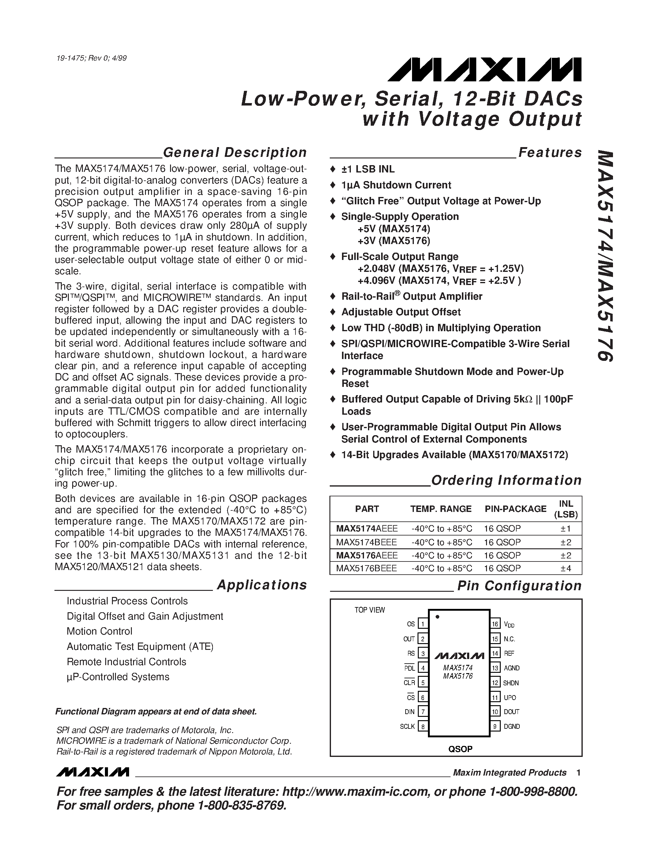Datasheet MAX5174 page 1 Datasheet MAX5174 - Low-Power / Serial / 12-Bit DACs with Voltage Output page 1