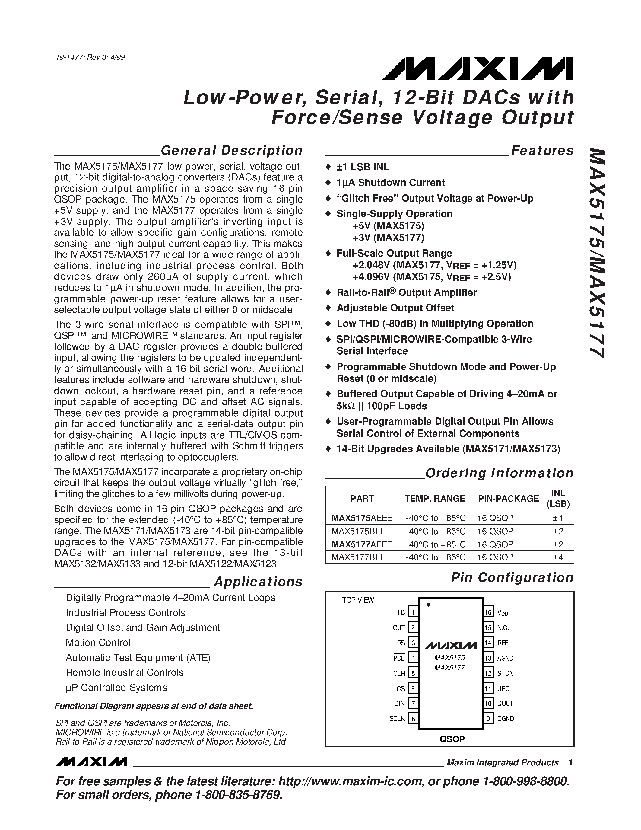 Даташит MAX5175AEEE - Low-Power / Serial / 12-Bit DACs with Force/Sense Voltage Output страница 1