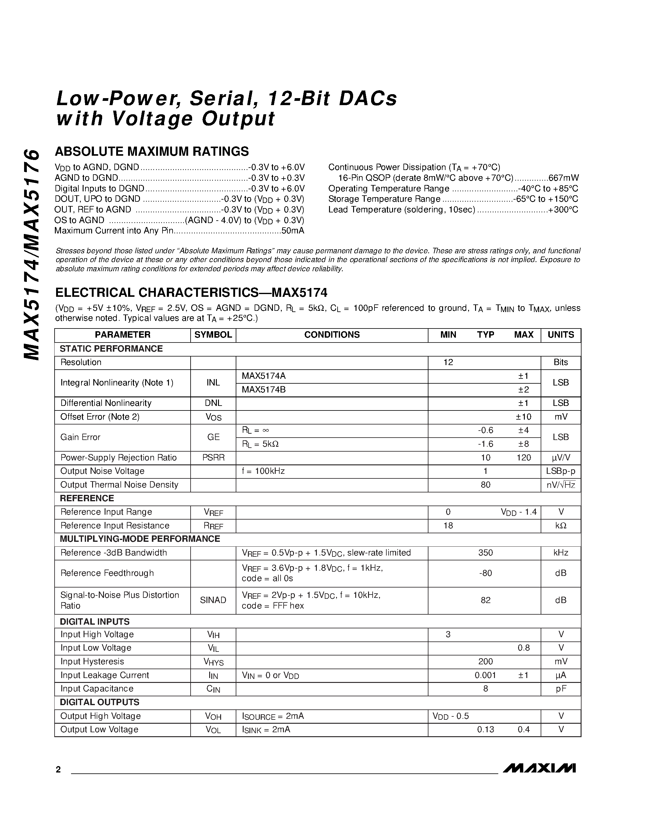 Даташит MAX5176AEEE - Low-Power / Serial / 12-Bit DACs with Voltage Output страница 2