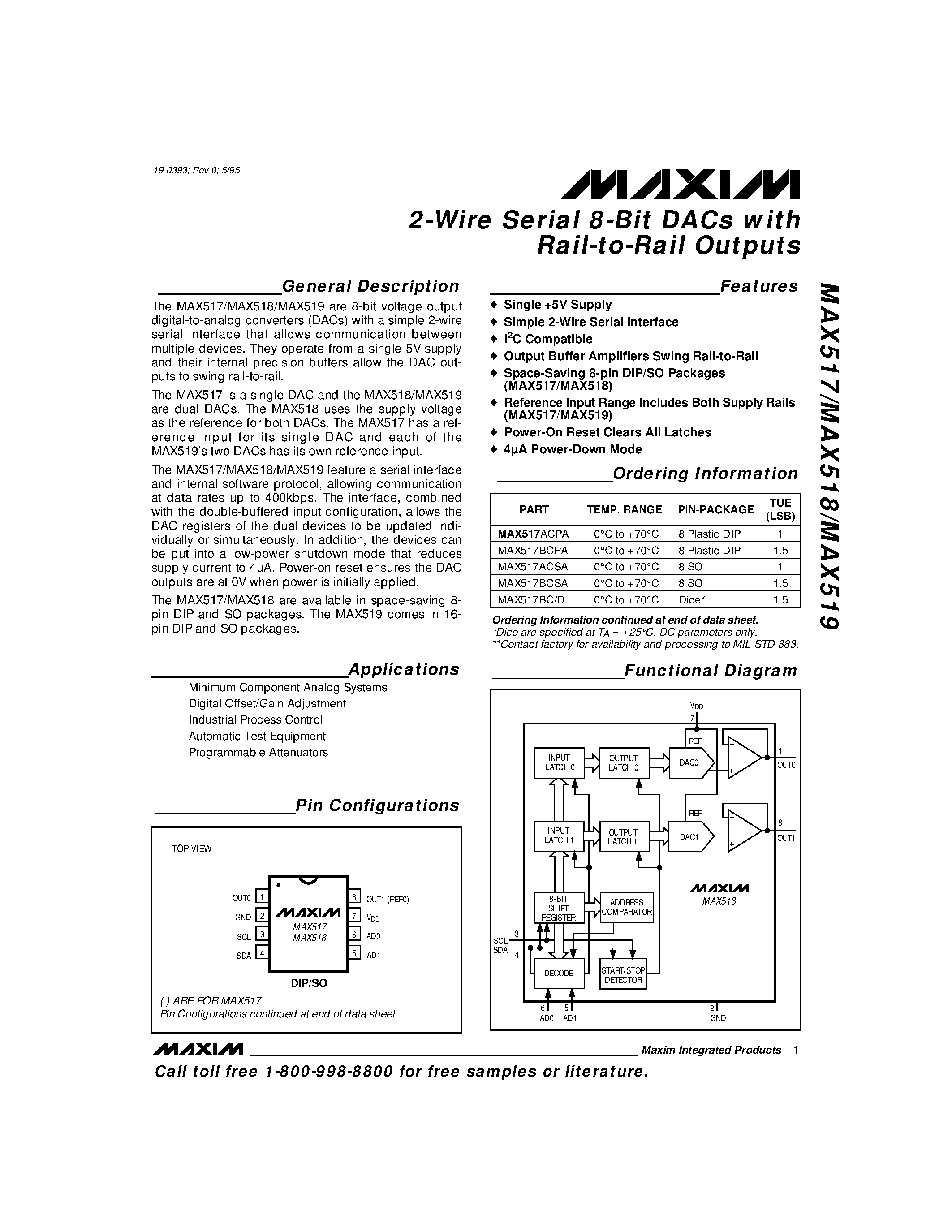 Datasheet MAX518 - 2-Wire Serial 8-Bit DACs with Rail-to-Rail Outputs page 1