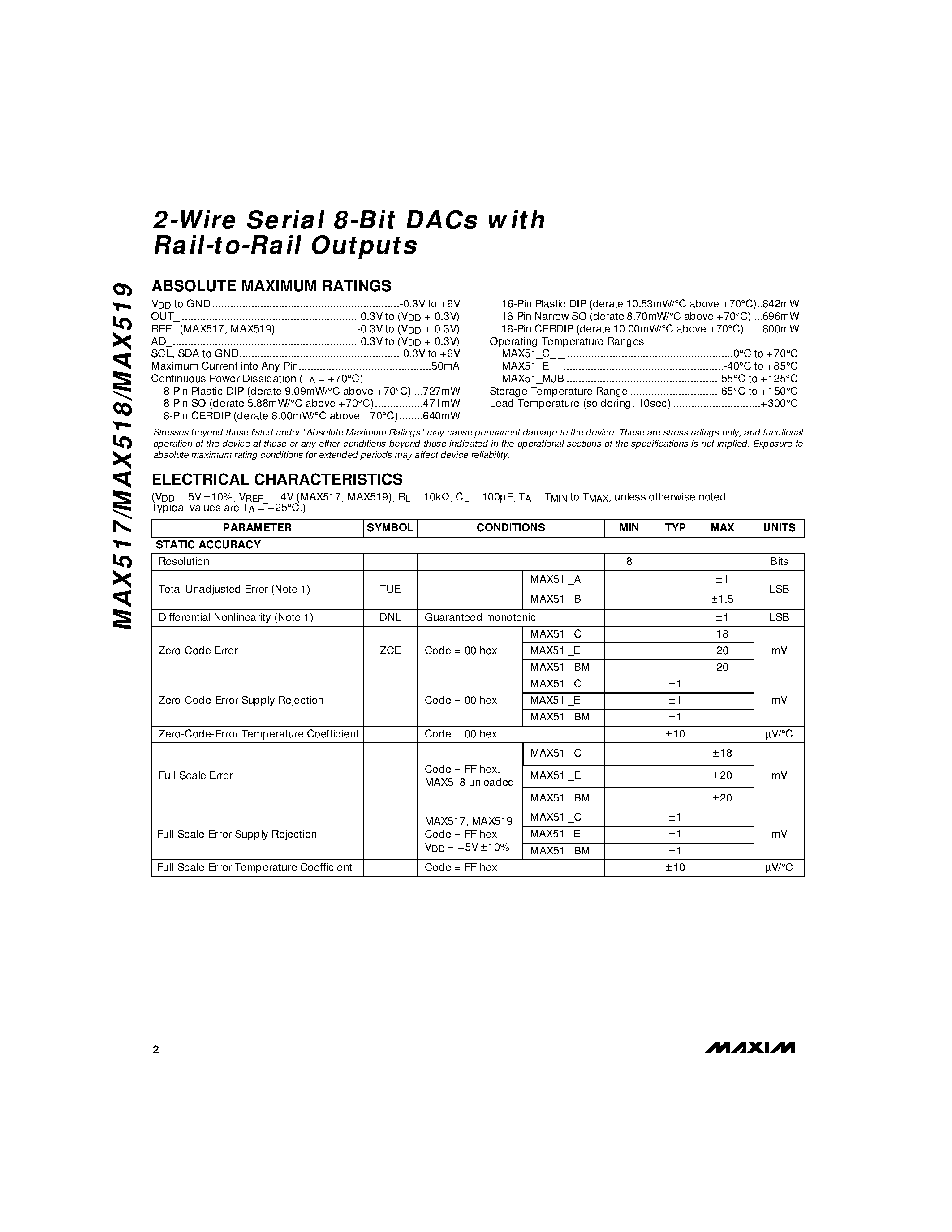 Datasheet MAX518 - 2-Wire Serial 8-Bit DACs with Rail-to-Rail Outputs page 2