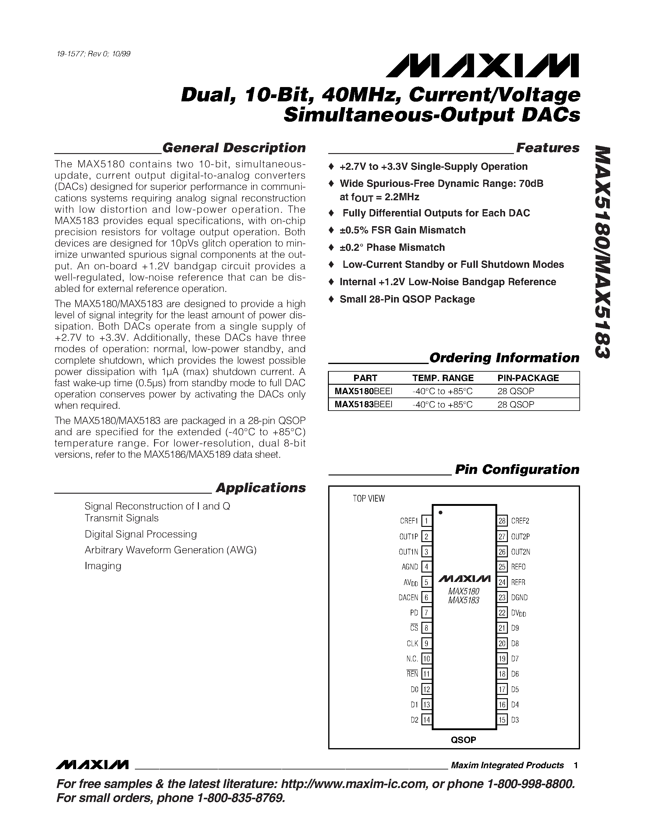 Даташит MAX5180 - Dual / 10-Bit / 40MHz / Current/Voltage Simultaneous-Output DACs страница 1
