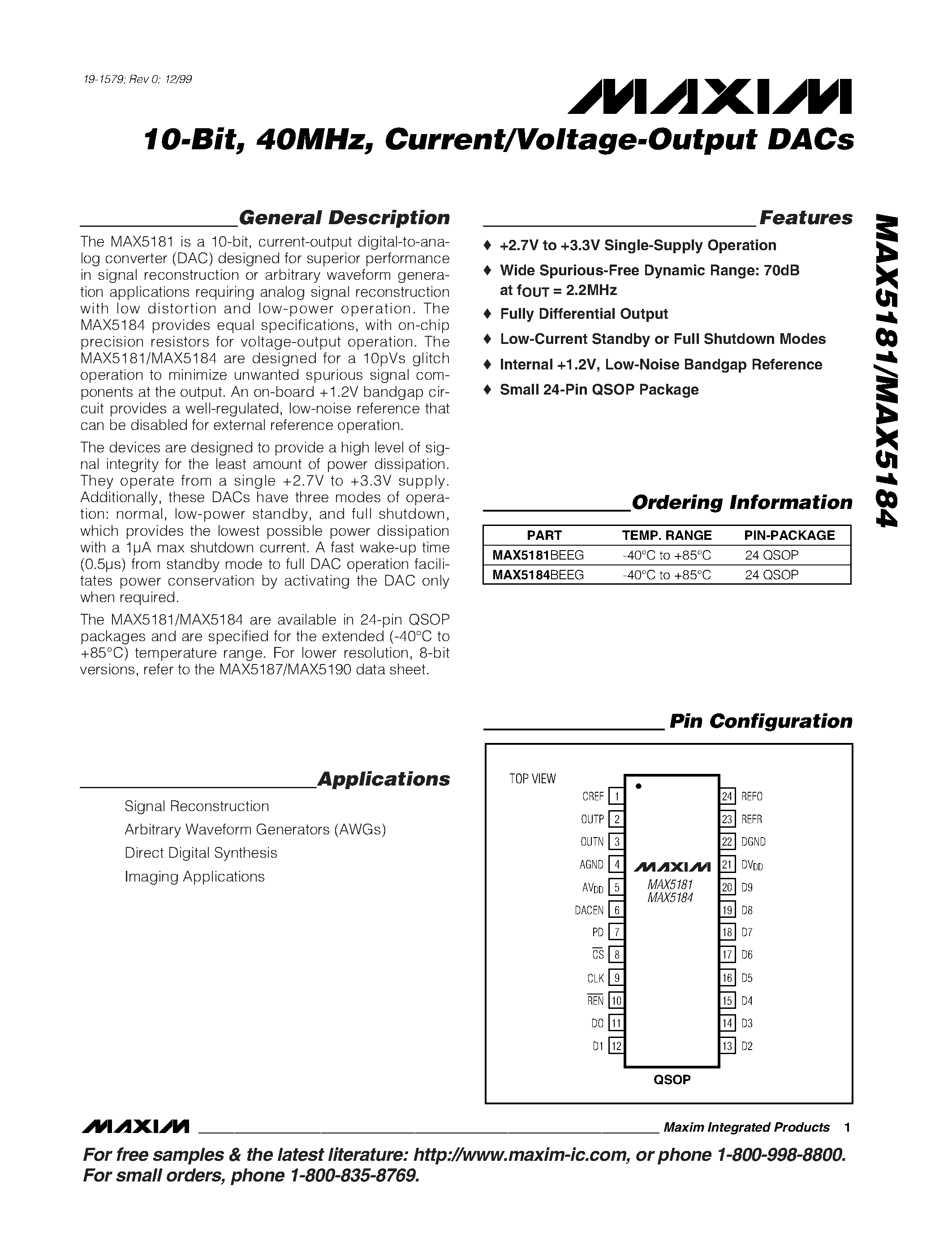 Даташит MAX5181 - 10-Bit / 40MHz / Current/Voltage-Output DACs страница 1
