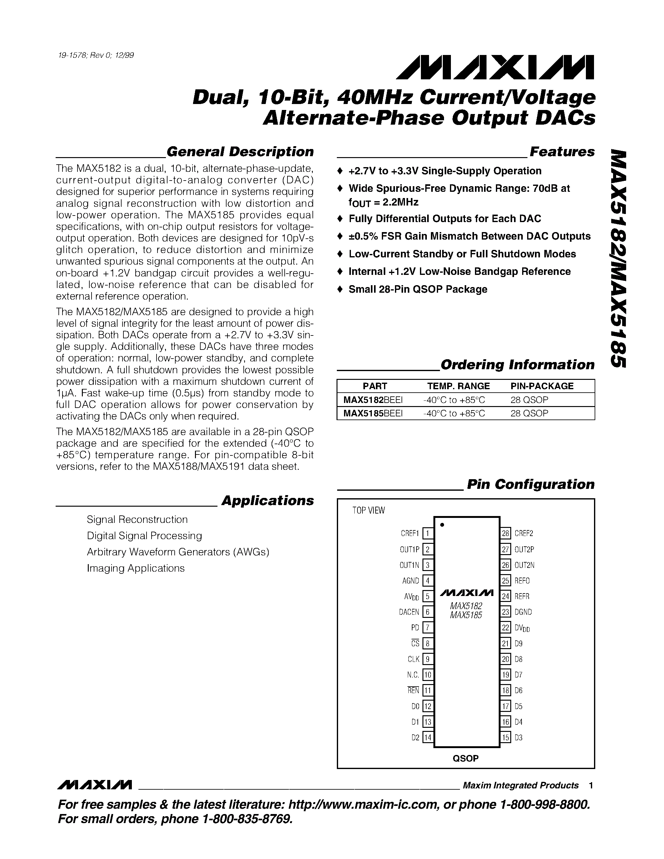 Даташит MAX5182 - Dual / 10-Bit / 40MHz Current/Voltage Alternate-Phase Output DACs страница 1