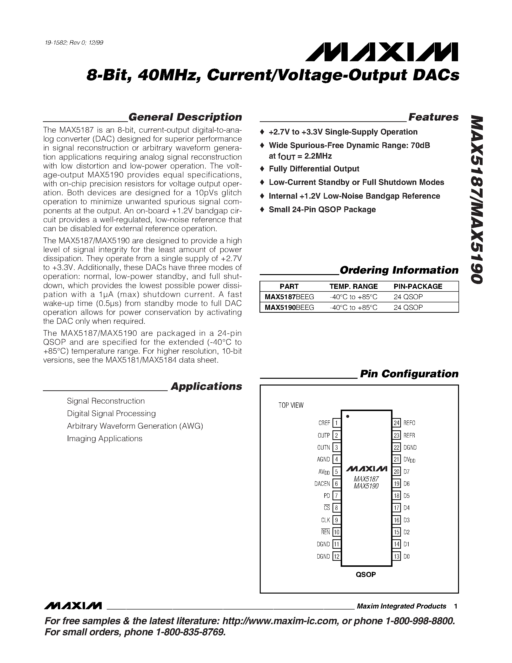 Даташит MAX5190 - 8-Bit / 40MHz / Current/Voltage-Output DACs страница 1