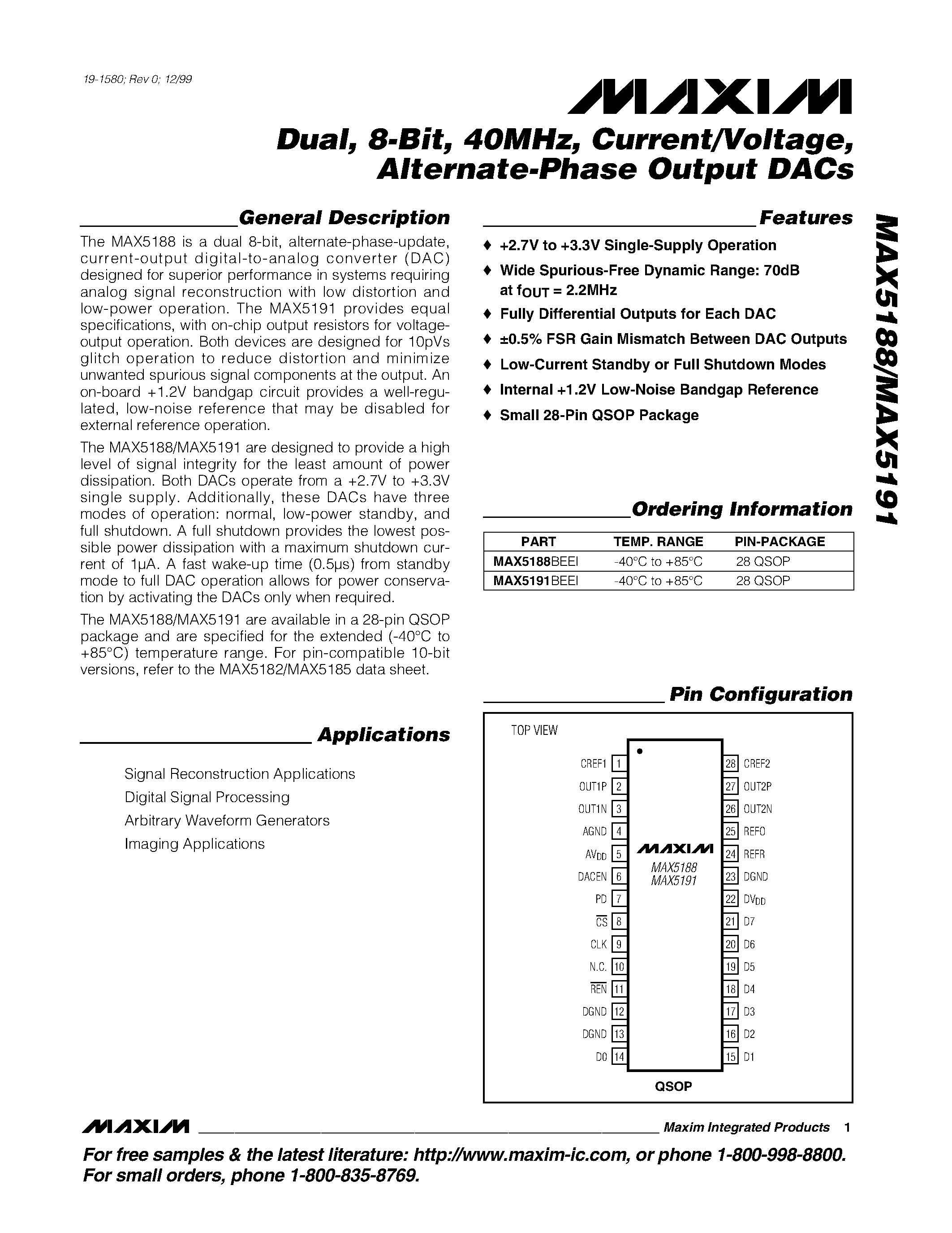 Даташит MAX5191BEEI - Dual / 8-Bit / 40MHz / Current/Voltage / Alternate-Phase Output DACs страница 1