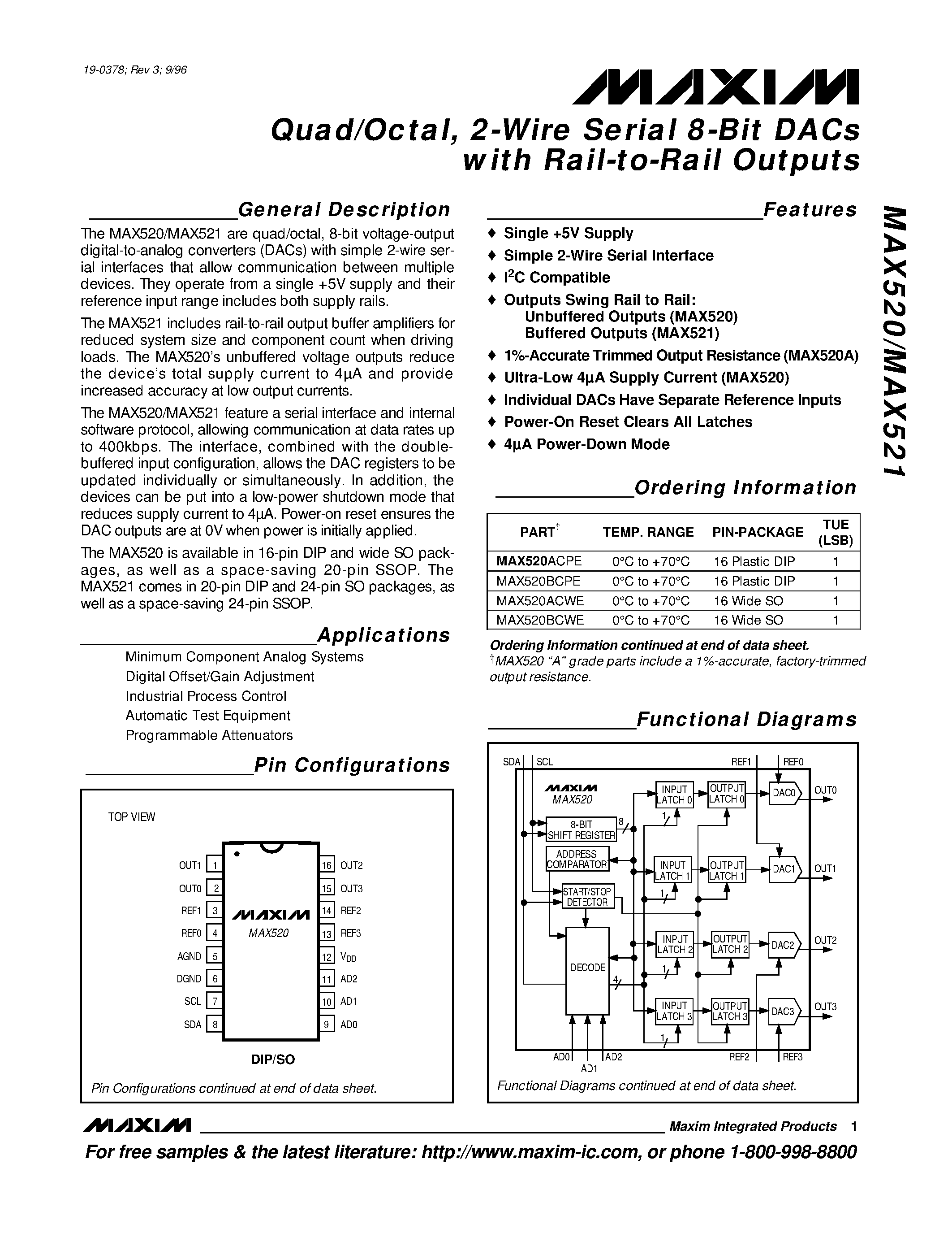 Даташит MAX520 - Quad/Octal / 2-Wire Serial 8-Bit DACs with Rail-to-Rail Outputs страница 1