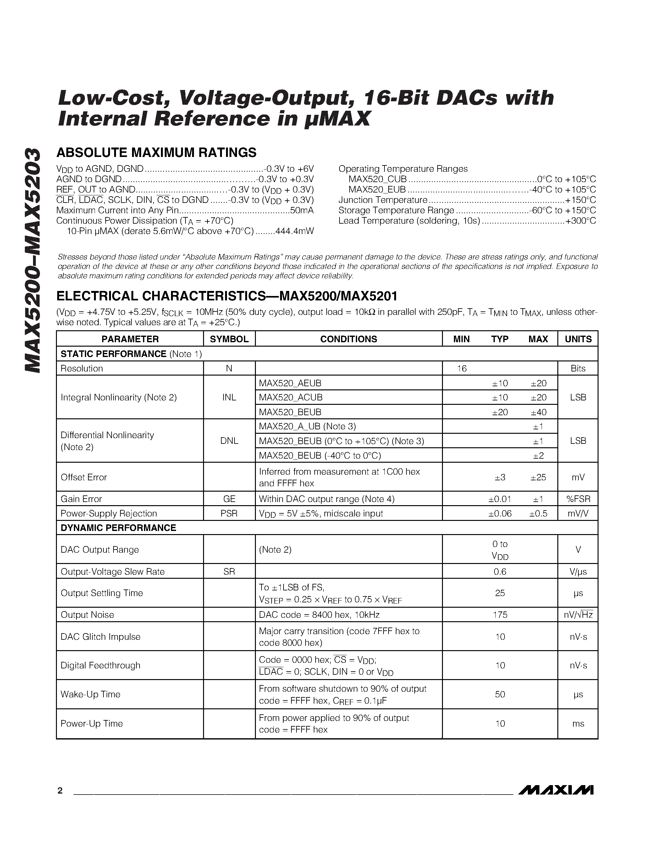 Datasheet MAX5201ACUB - Low-Cost / Voltage-Output / 16-Bit DACs with Internal Reference in MAX page 2