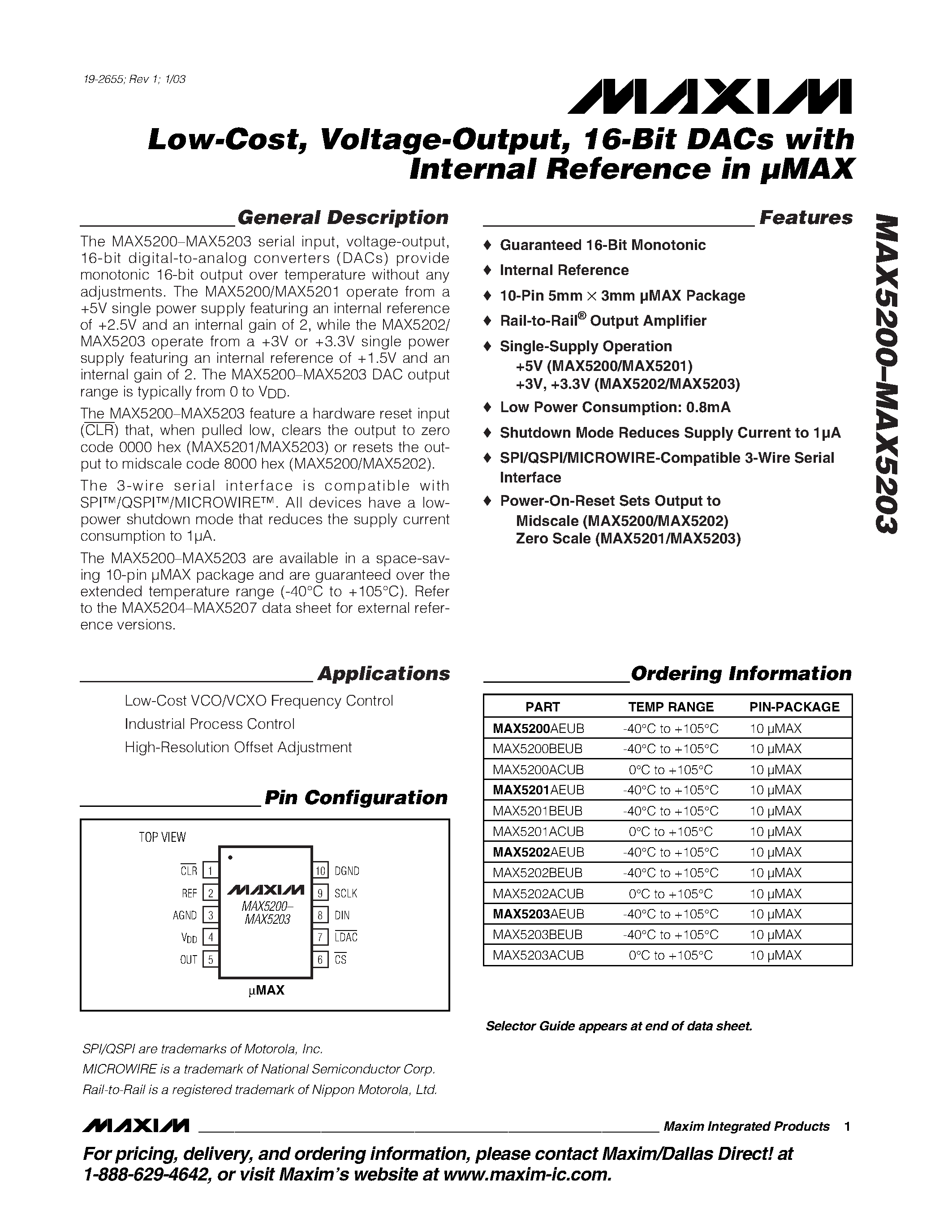 Даташит MAX5201BEUB - Low-Cost / Voltage-Output / 16-Bit DACs with Internal Reference in MAX страница 1