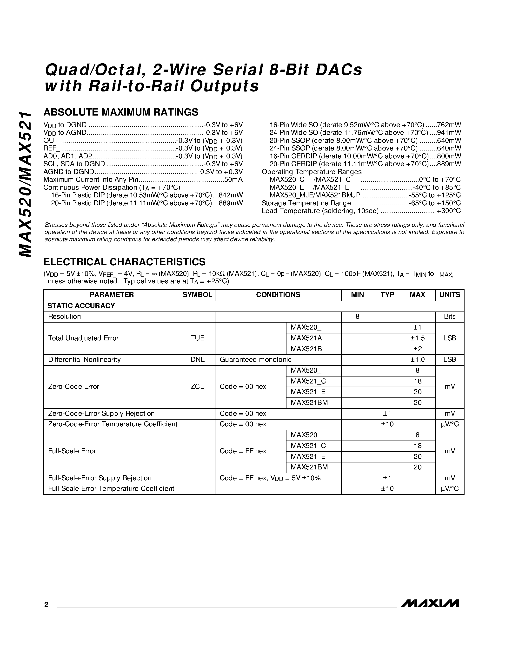 Даташит MAX521 - Quad/Octal / 2-Wire Serial 8-Bit DACs with Rail-to-Rail Outputs страница 2