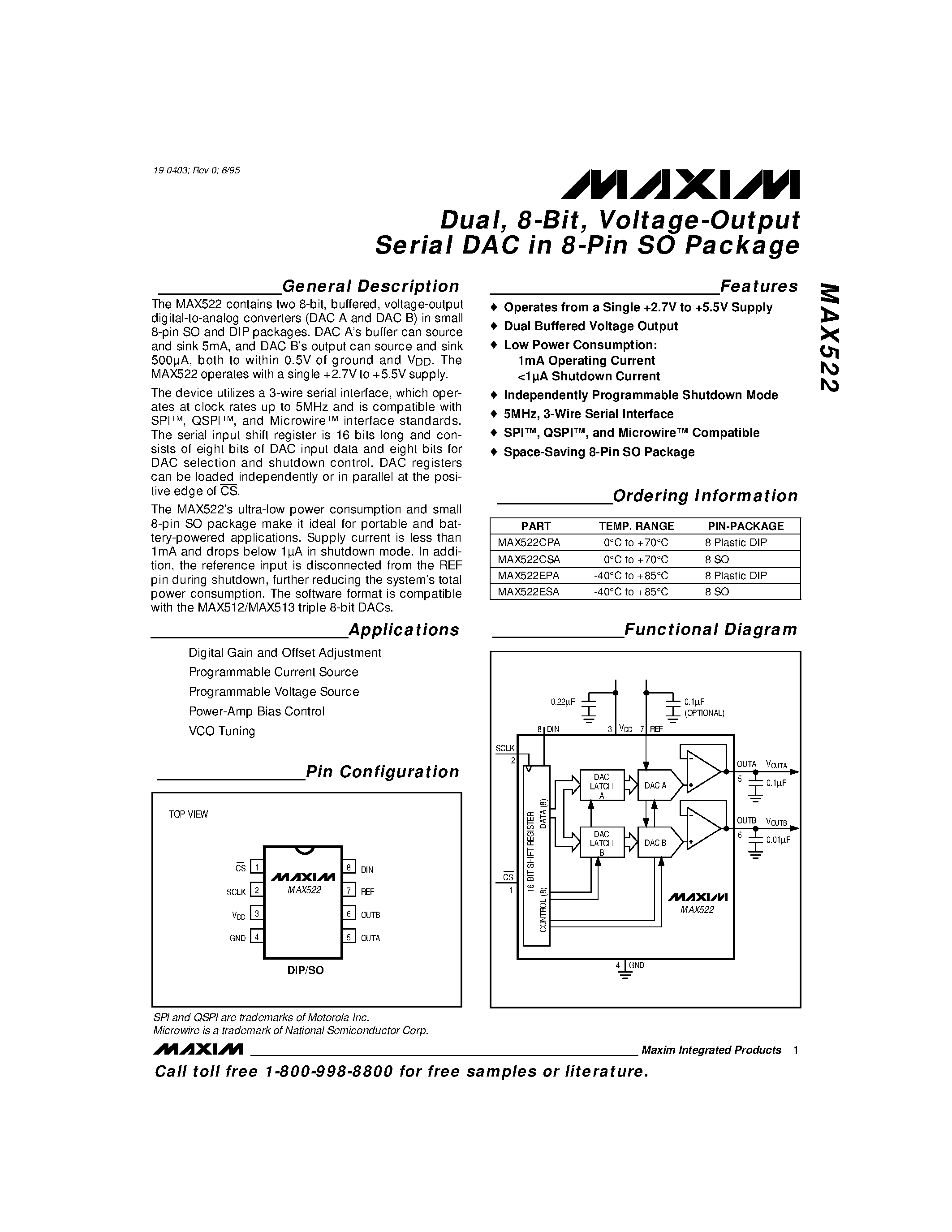 Datasheet MAX522 - Dual / 8-Bit / Voltage-Output Serial DAC in 8-Pin SO Package page 1