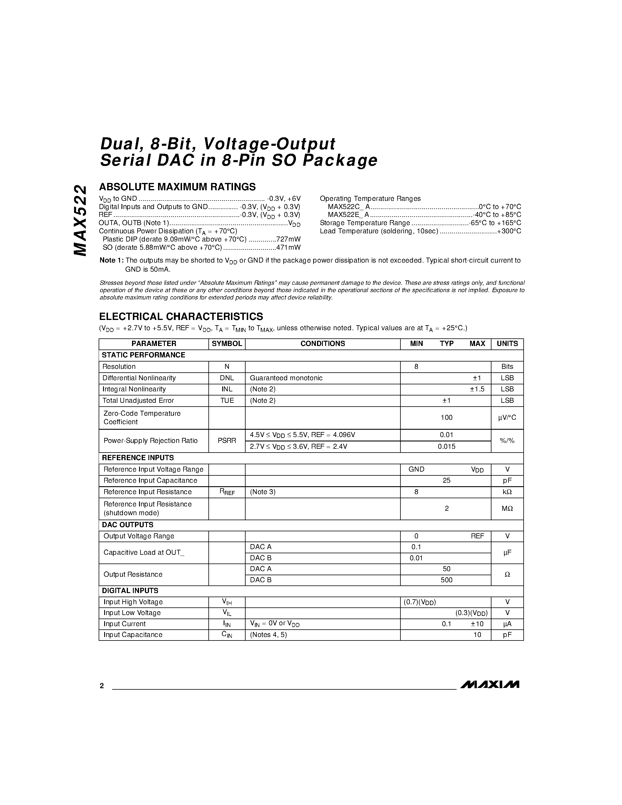 Datasheet MAX522 - Dual / 8-Bit / Voltage-Output Serial DAC in 8-Pin SO Package page 2