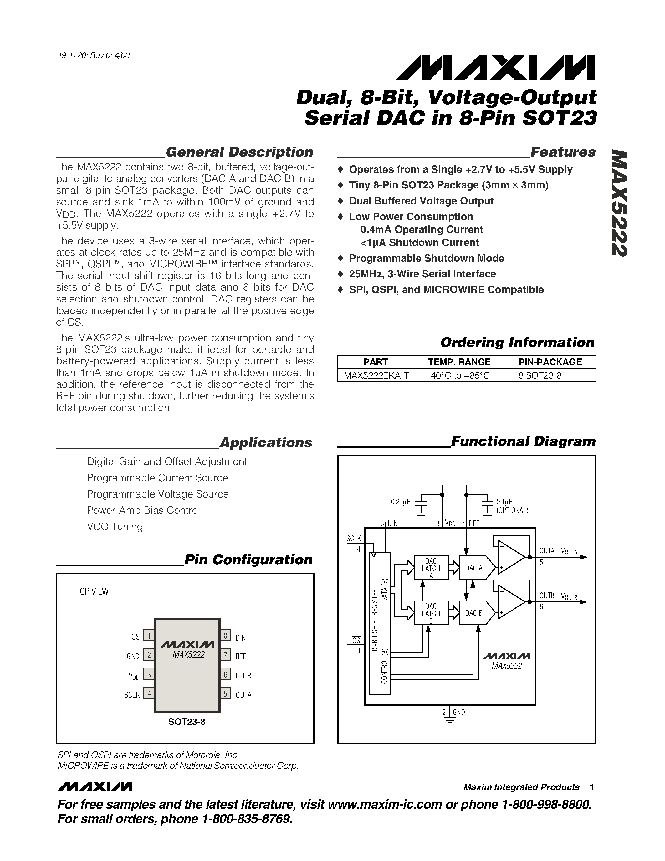 Datasheet MAX5222 - Dual / 8-Bit / Voltage-Output Serial DAC in 8-Pin SOT23 page 1