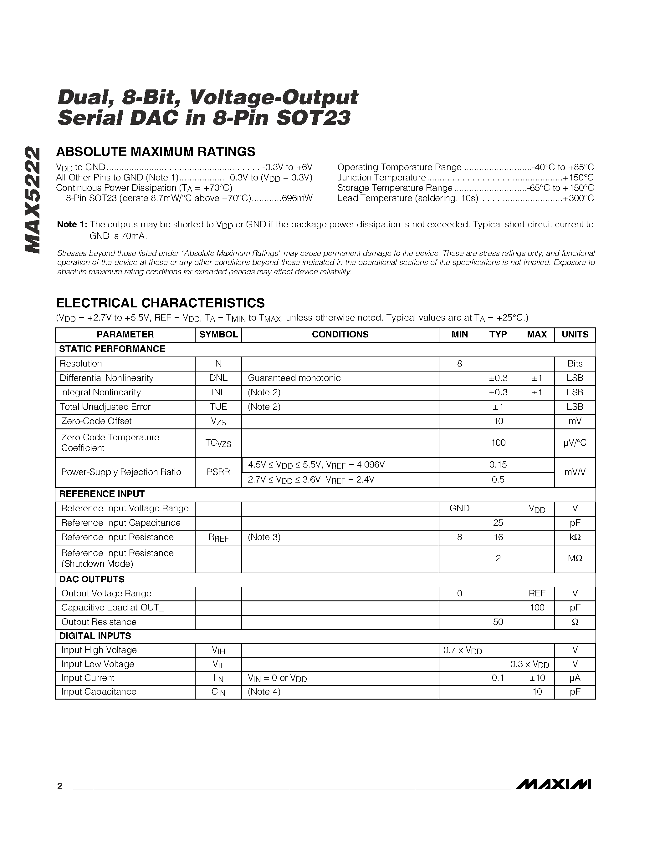 Datasheet MAX5222 - Dual / 8-Bit / Voltage-Output Serial DAC in 8-Pin SOT23 page 2