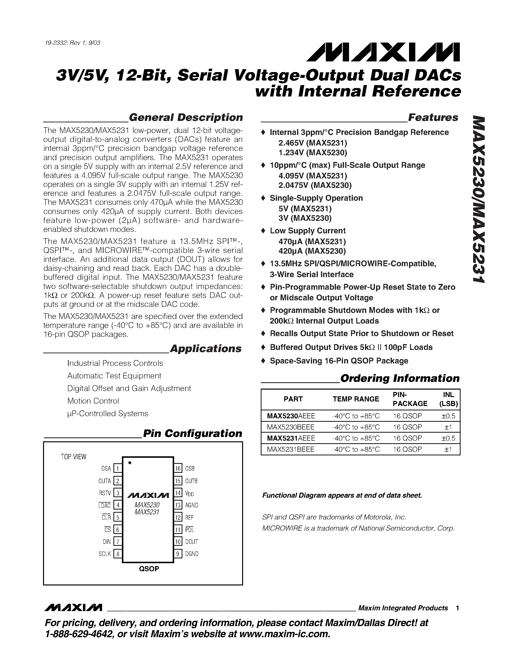 Даташит MAX5230 - 3V/5V / 12-Bit / Serial Voltage-Output Dual DACs with Internal Reference страница 1