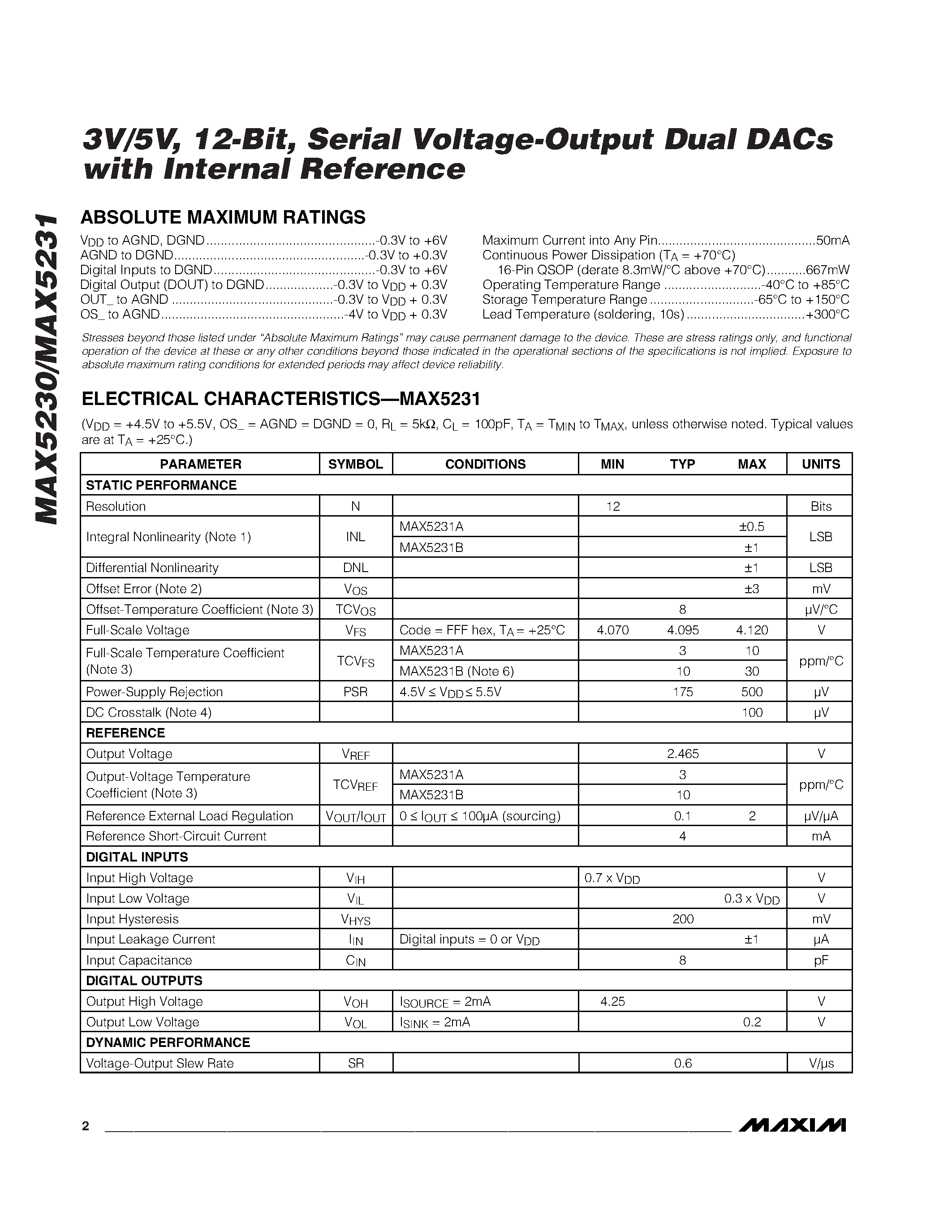 Даташит MAX5231 - 3V/5V / 12-Bit / Serial Voltage-Output Dual DACs with Internal Reference страница 2