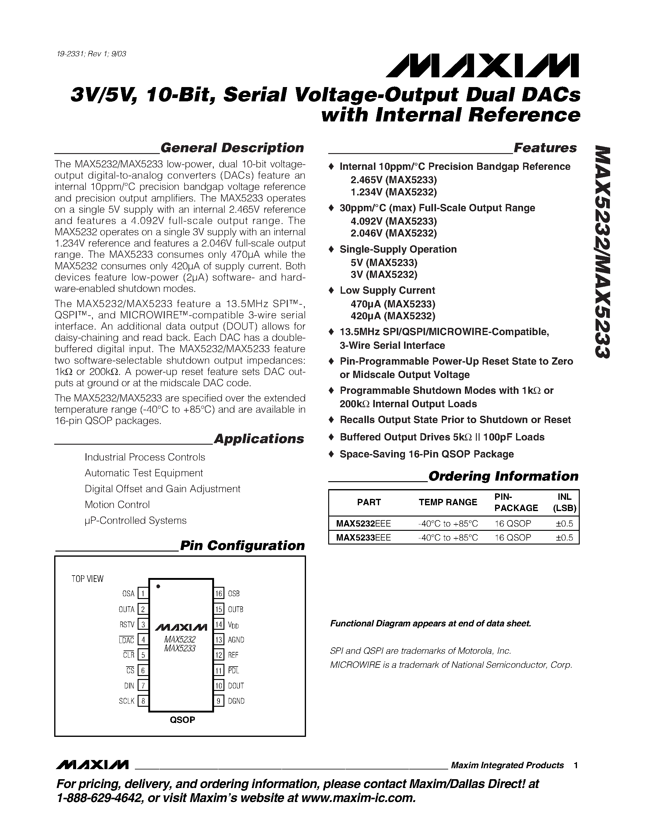 Даташит MAX5232 - 3V/5V / 10-Bit / Serial Voltage-Output Dual DACs with Internal Reference страница 1