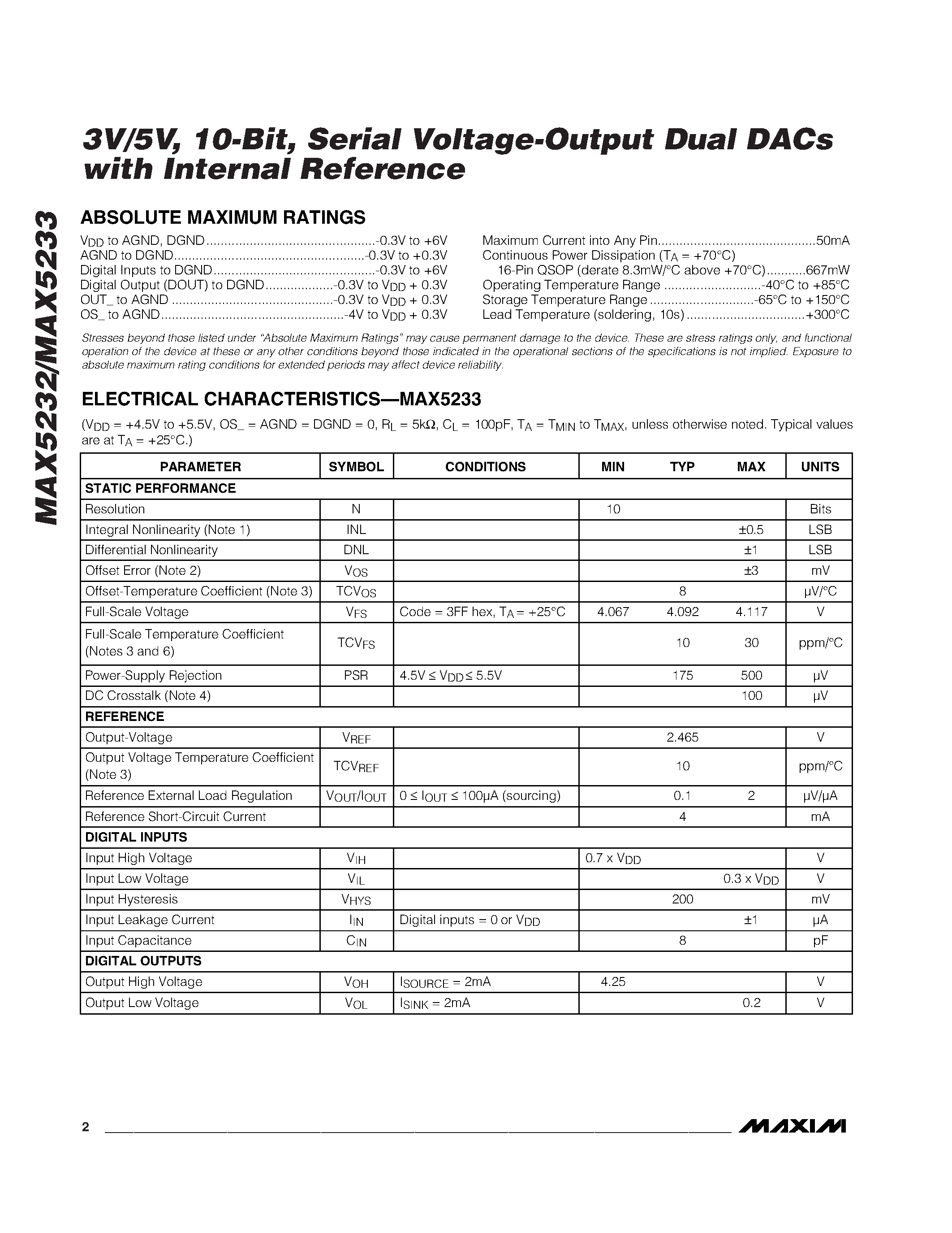 Даташит MAX5232 - 3V/5V / 10-Bit / Serial Voltage-Output Dual DACs with Internal Reference страница 2