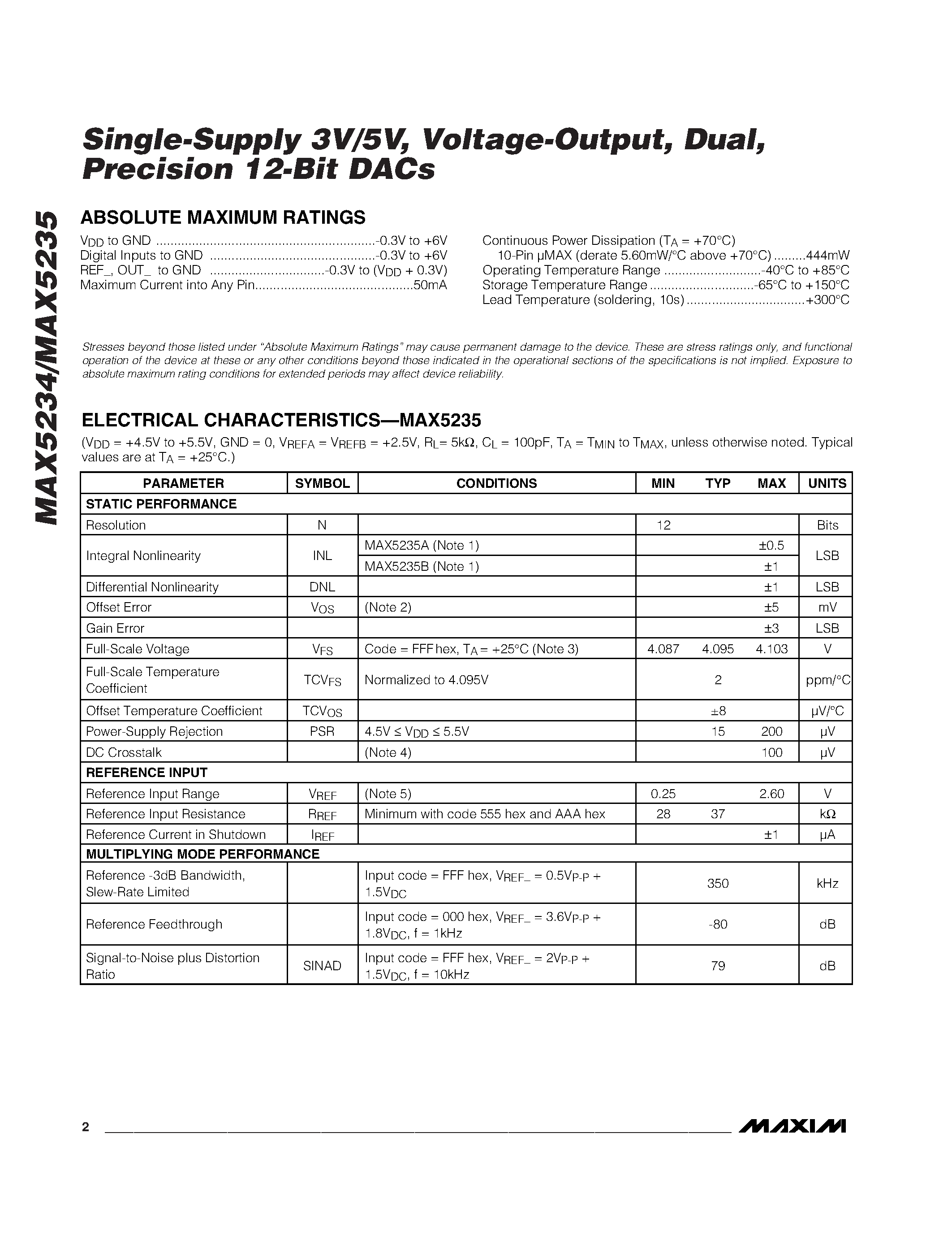 Даташит MAX5234 - Single-Supply 3V/5V / Voltage-Output / Dual / Precision 12-Bit DACs страница 2