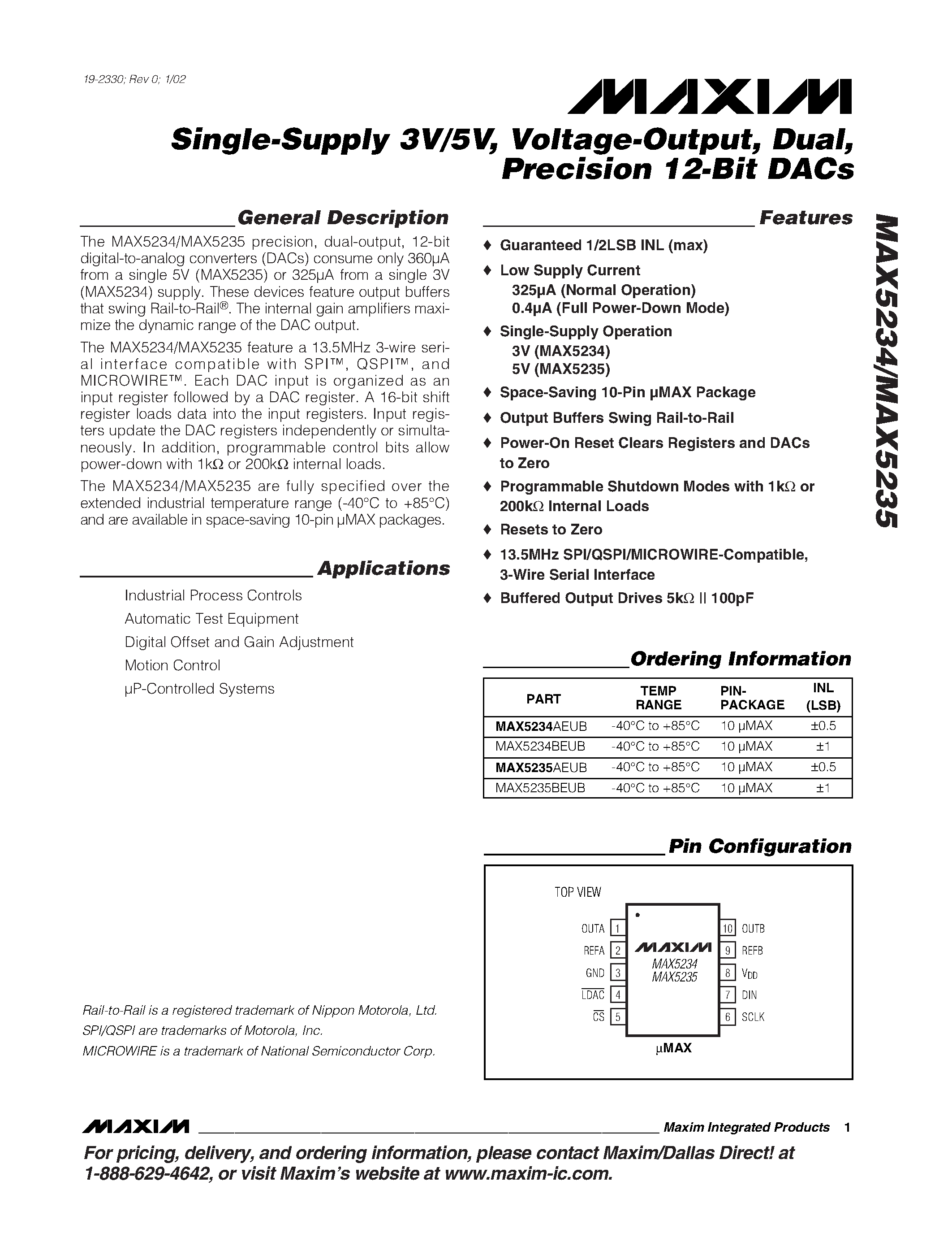Даташит MAX5235 - Single-Supply 3V/5V / Voltage-Output / Dual / Precision 12-Bit DACs страница 1