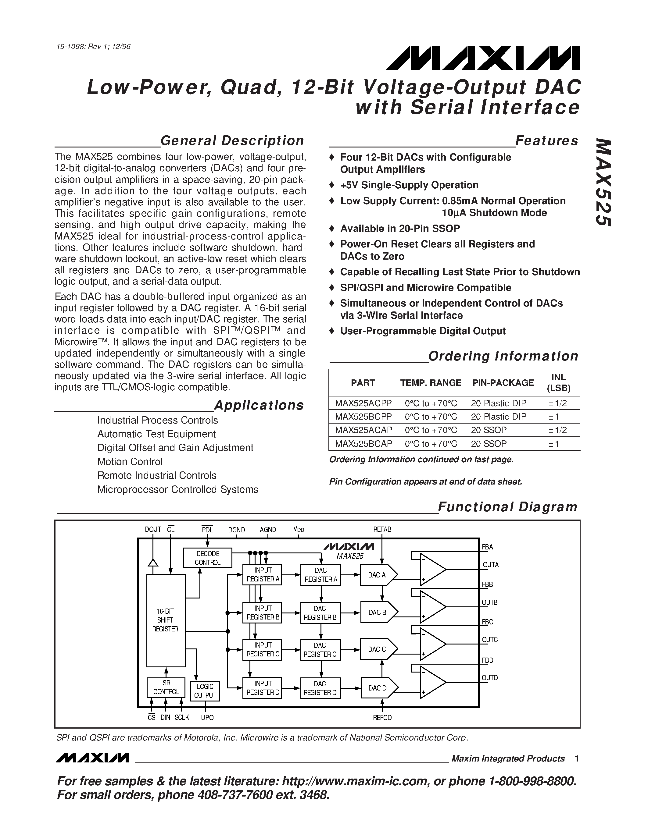 Datasheet MAX525 - Low-Power / Quad / 12-Bit Voltage-Output DAC with Serial Interface page 1