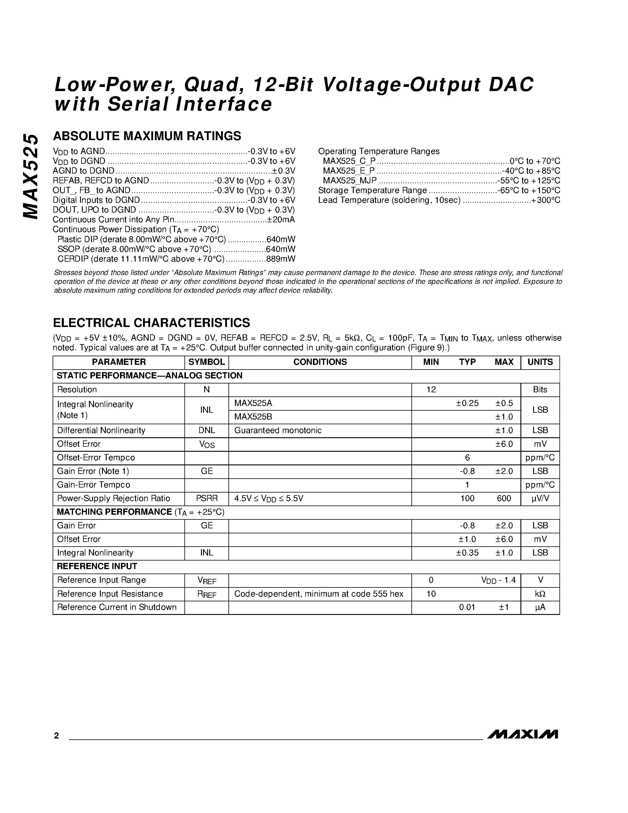 Datasheet MAX525 - Low-Power / Quad / 12-Bit Voltage-Output DAC with Serial Interface page 2