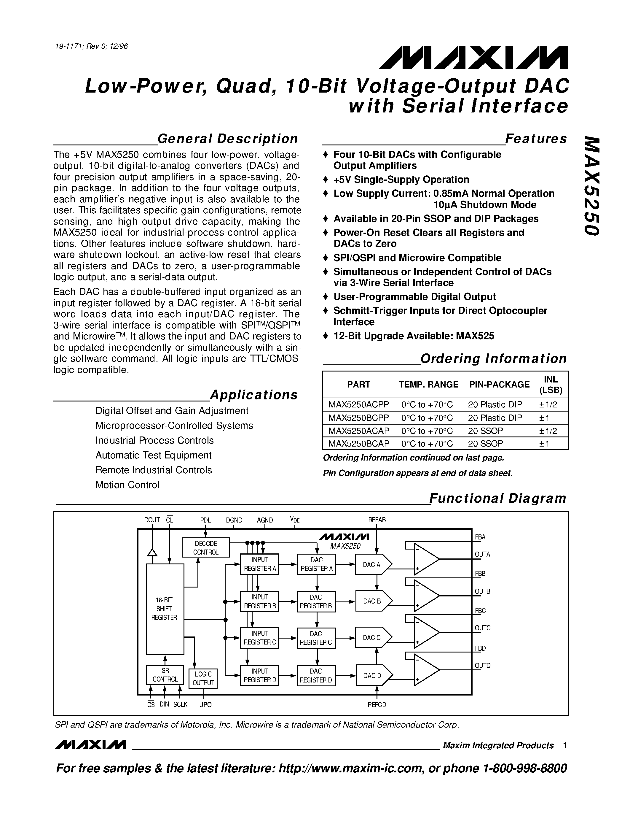 Datasheet MAX5250 - Low-Power / Quad / 10-Bit Voltage-Output DAC with Serial Interface page 1