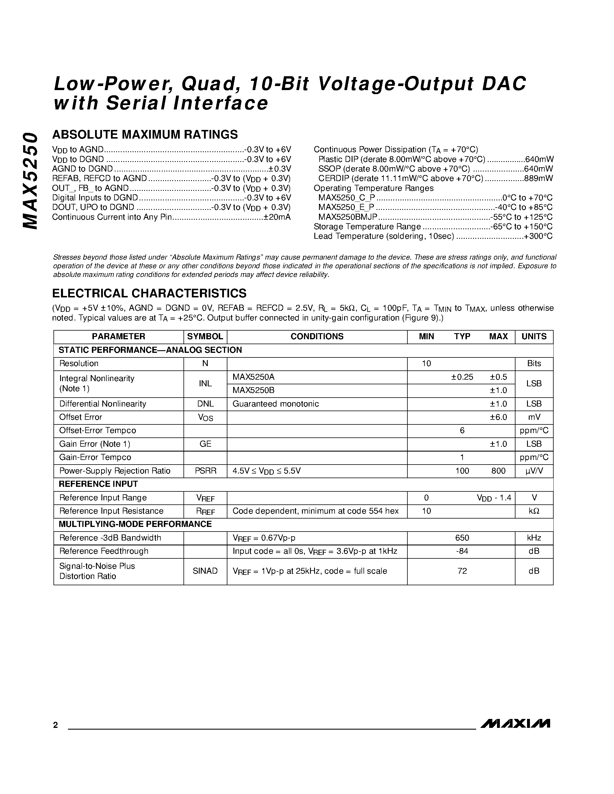 Datasheet MAX5250 - Low-Power / Quad / 10-Bit Voltage-Output DAC with Serial Interface page 2