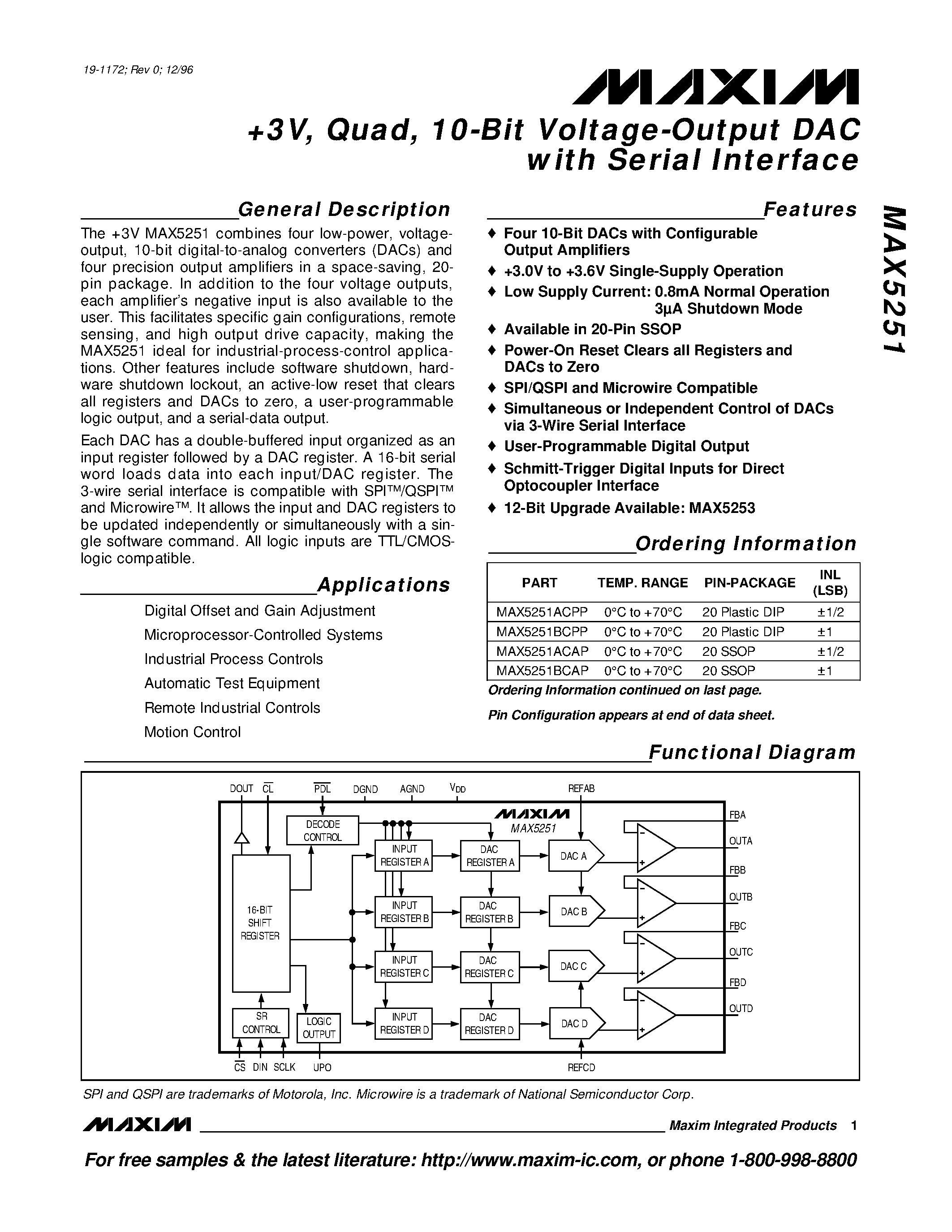 Datasheet MAX5251 - +3V / Quad / 10-Bit Voltage-Output DAC with Serial Interface page 1