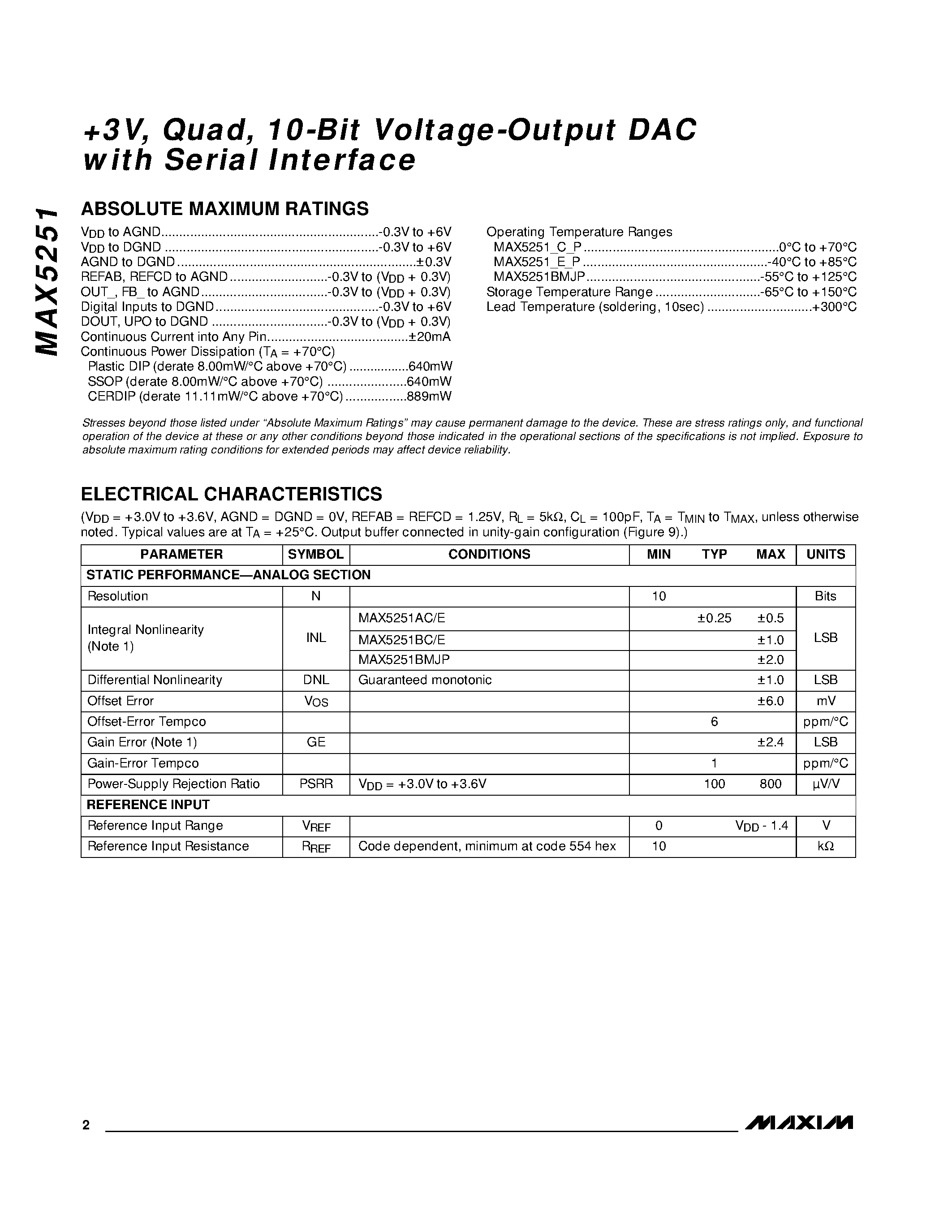 Datasheet MAX5251 - +3V / Quad / 10-Bit Voltage-Output DAC with Serial Interface page 2