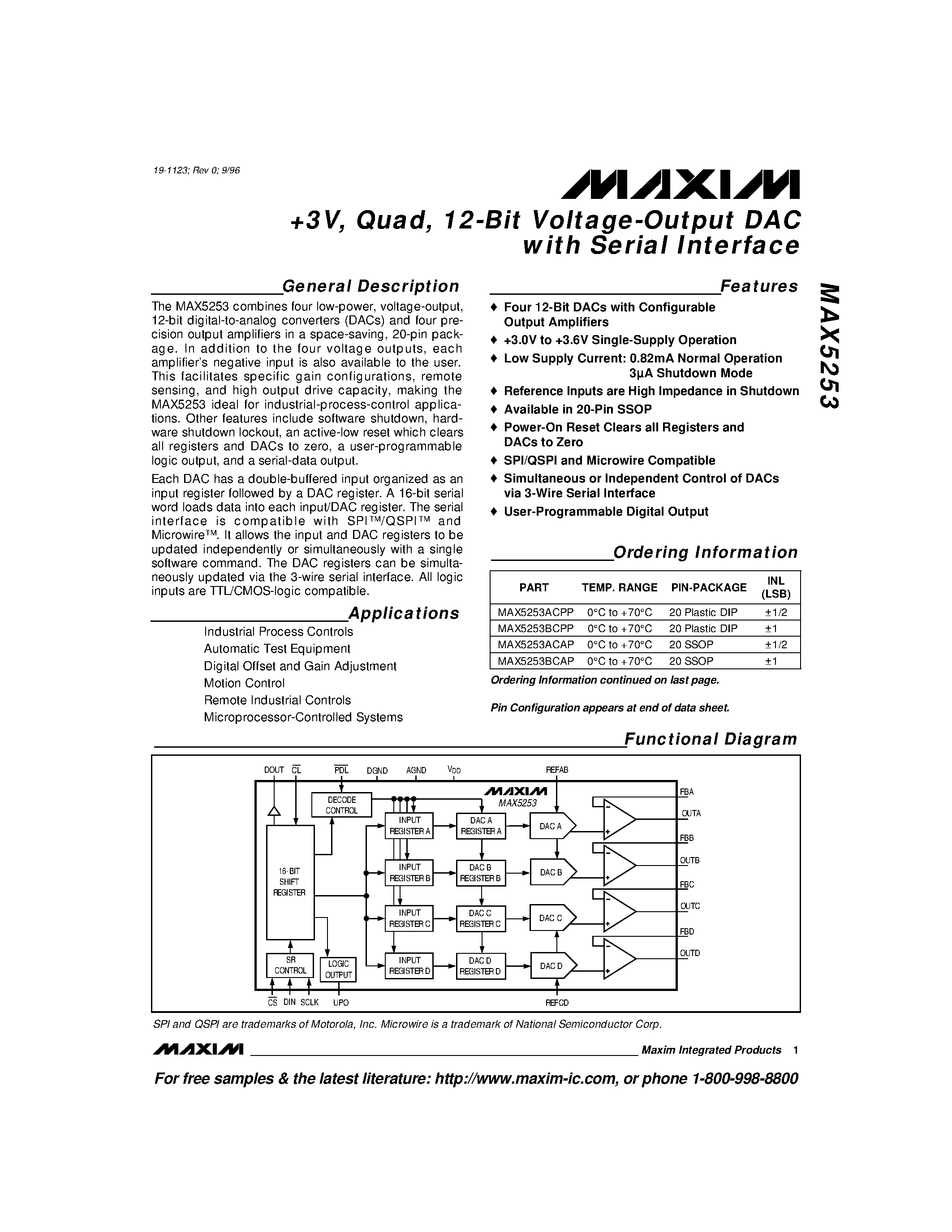 Datasheet MAX5253 - +3V / Quad / 12-Bit Voltage-Output DAC with Serial Interface page 1