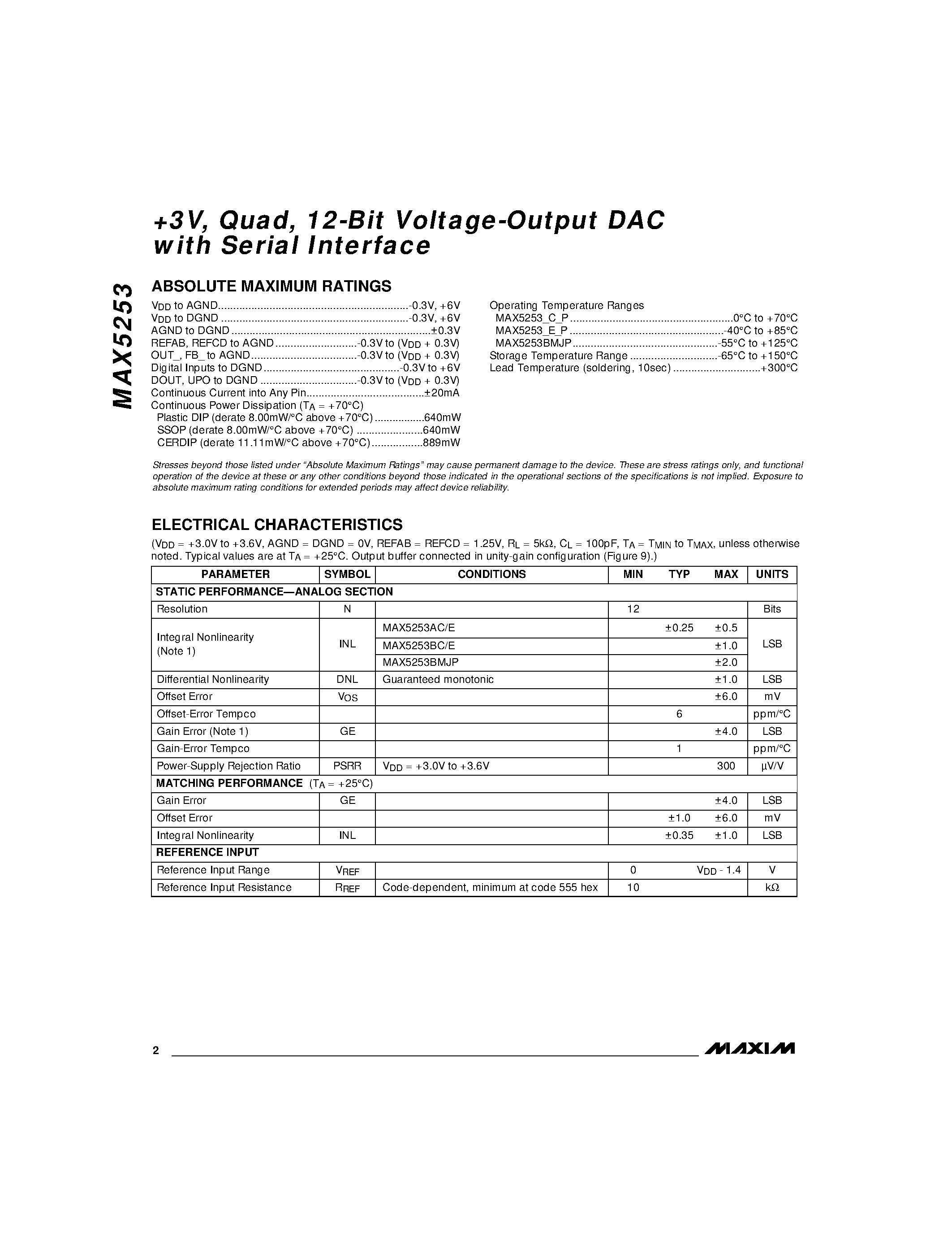 Datasheet MAX5253 - +3V / Quad / 12-Bit Voltage-Output DAC with Serial Interface page 2
