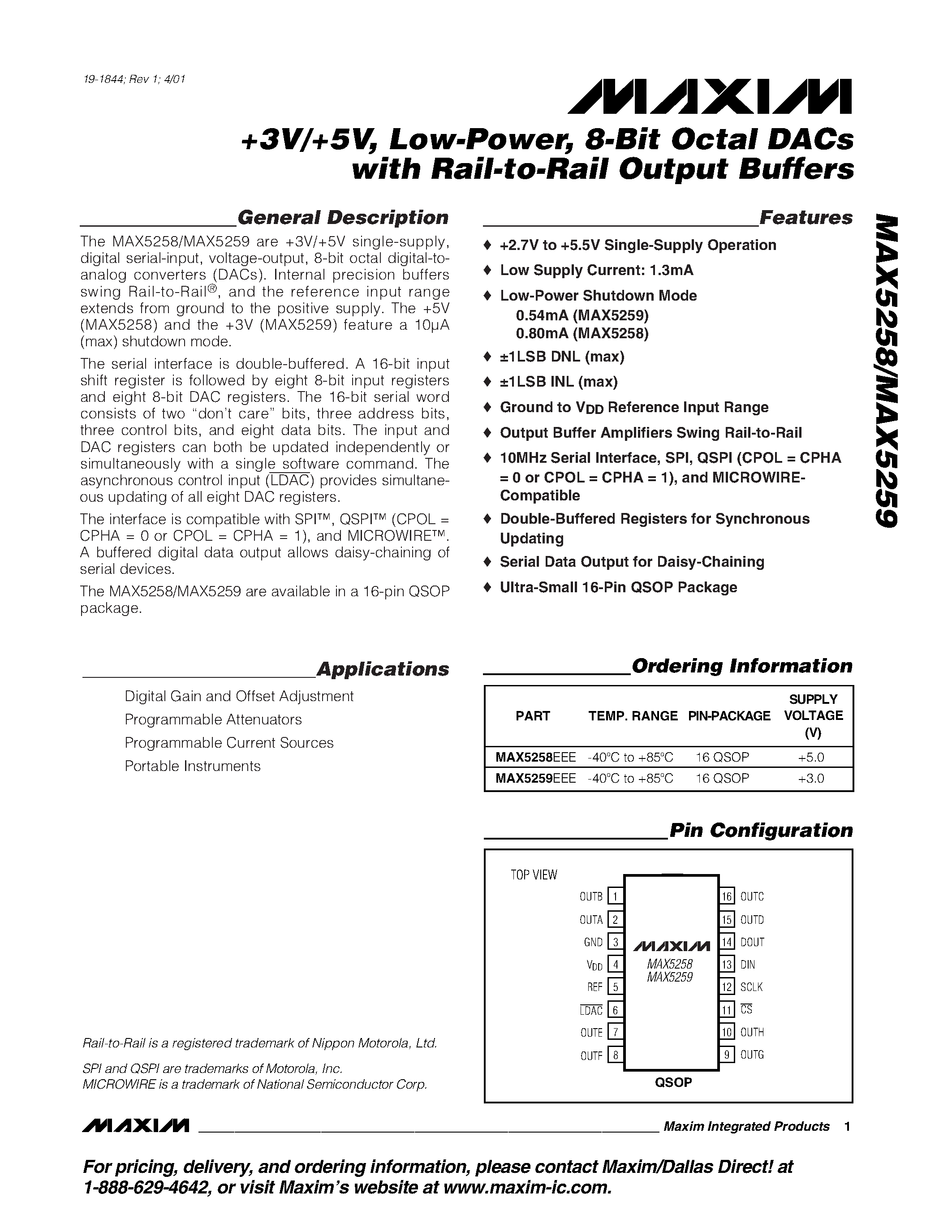 Даташит MAX5258EEE - +3V/+5V / Low-Power / 8-Bit Octal DACs with Rail-to-Rail Output Buffers страница 1