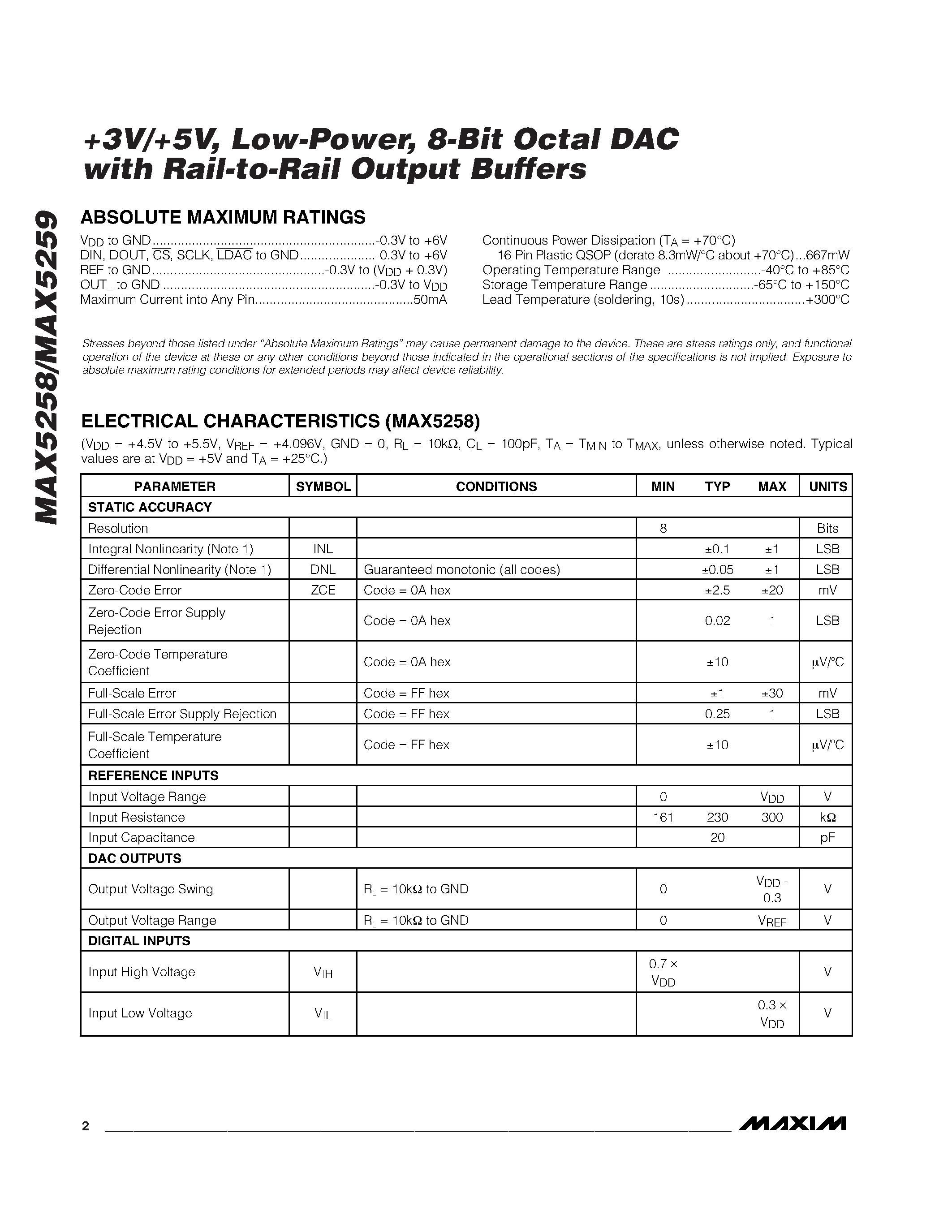 Даташит MAX5258EEE - +3V/+5V / Low-Power / 8-Bit Octal DACs with Rail-to-Rail Output Buffers страница 2