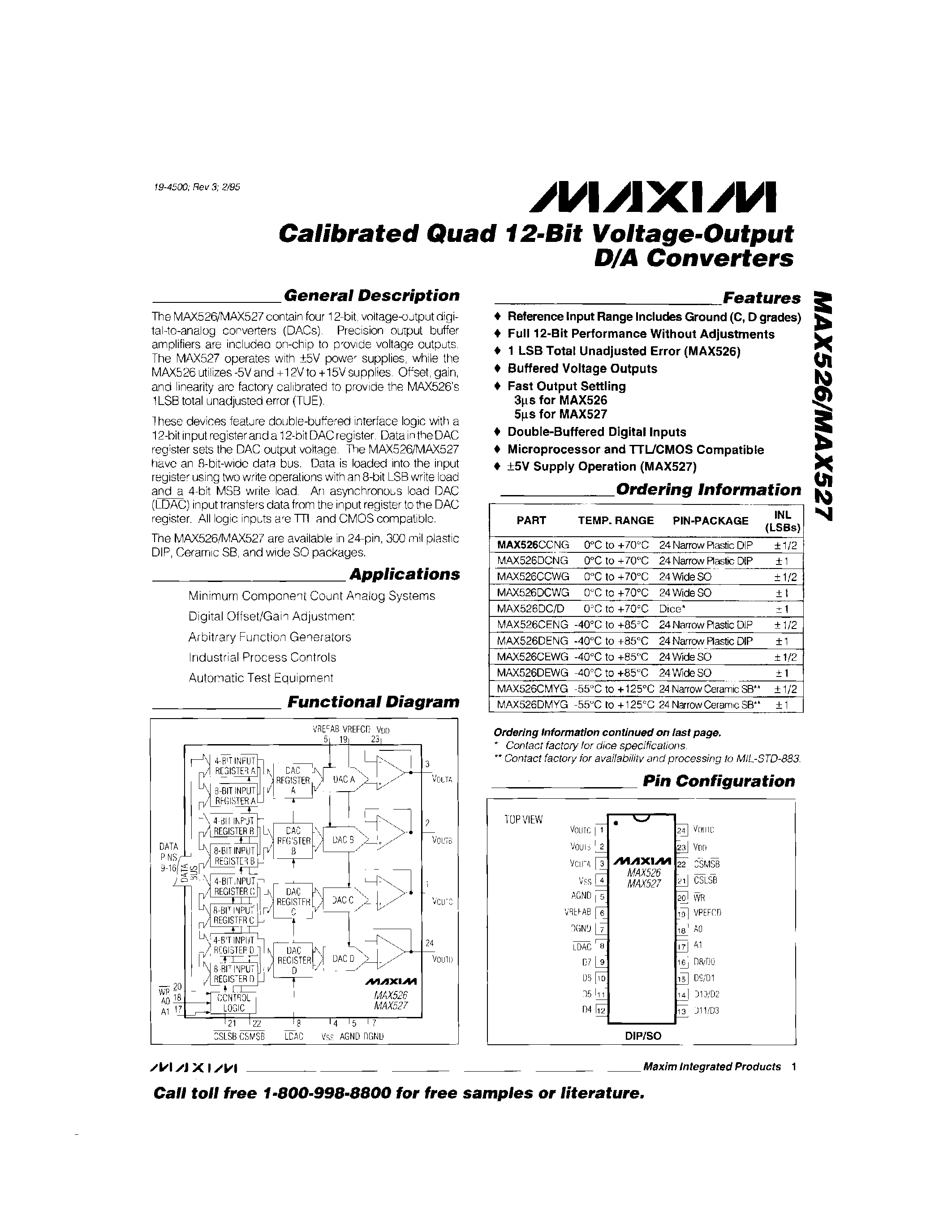 Даташит на микросхему MAX527 страница 1 Даташит MAX527 - Galibrated Quad 12-Bit Voltage-Output D/A Converters страница 1