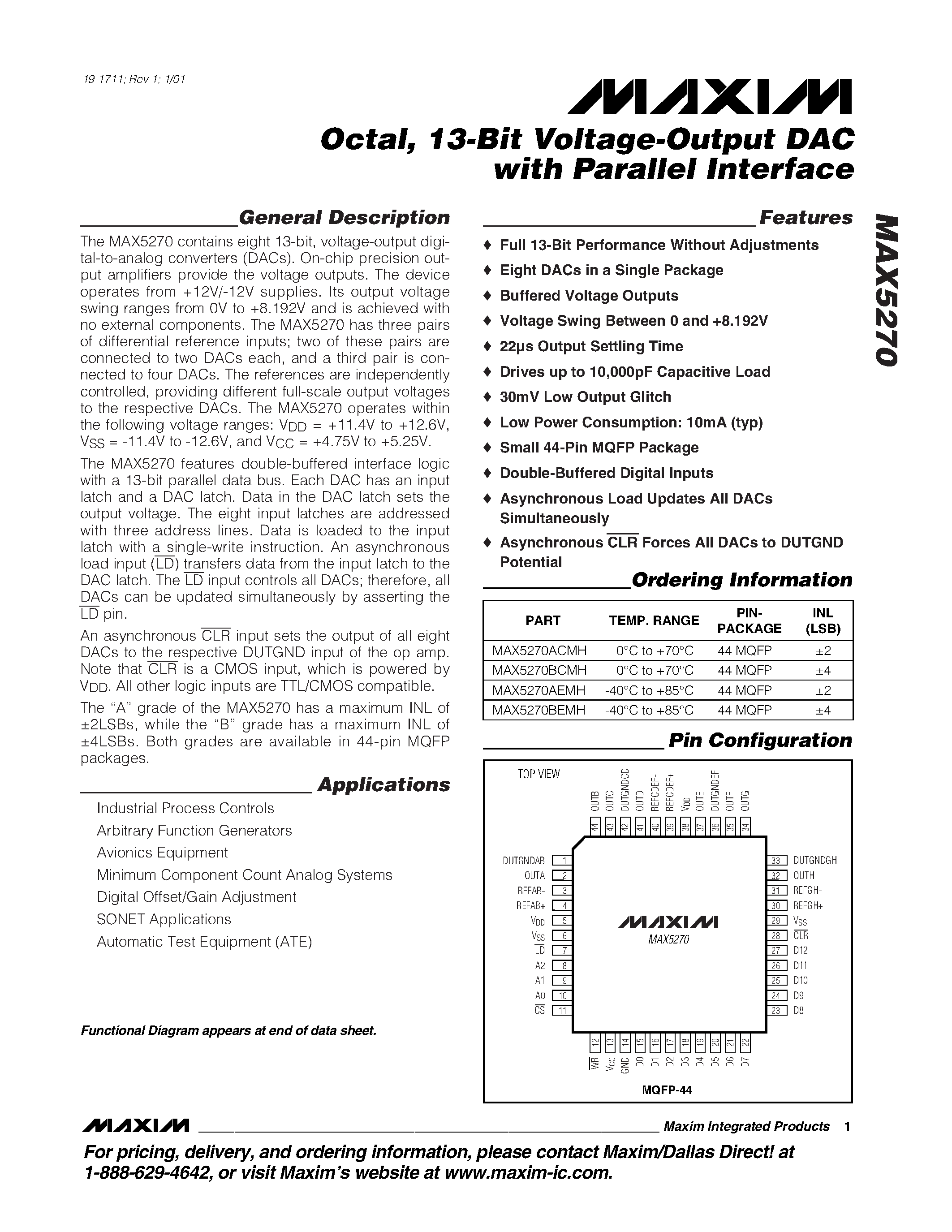 Datasheet MAX5270 - Octal / 13-Bit Voltage-Output DAC with Parallel Interface page 1