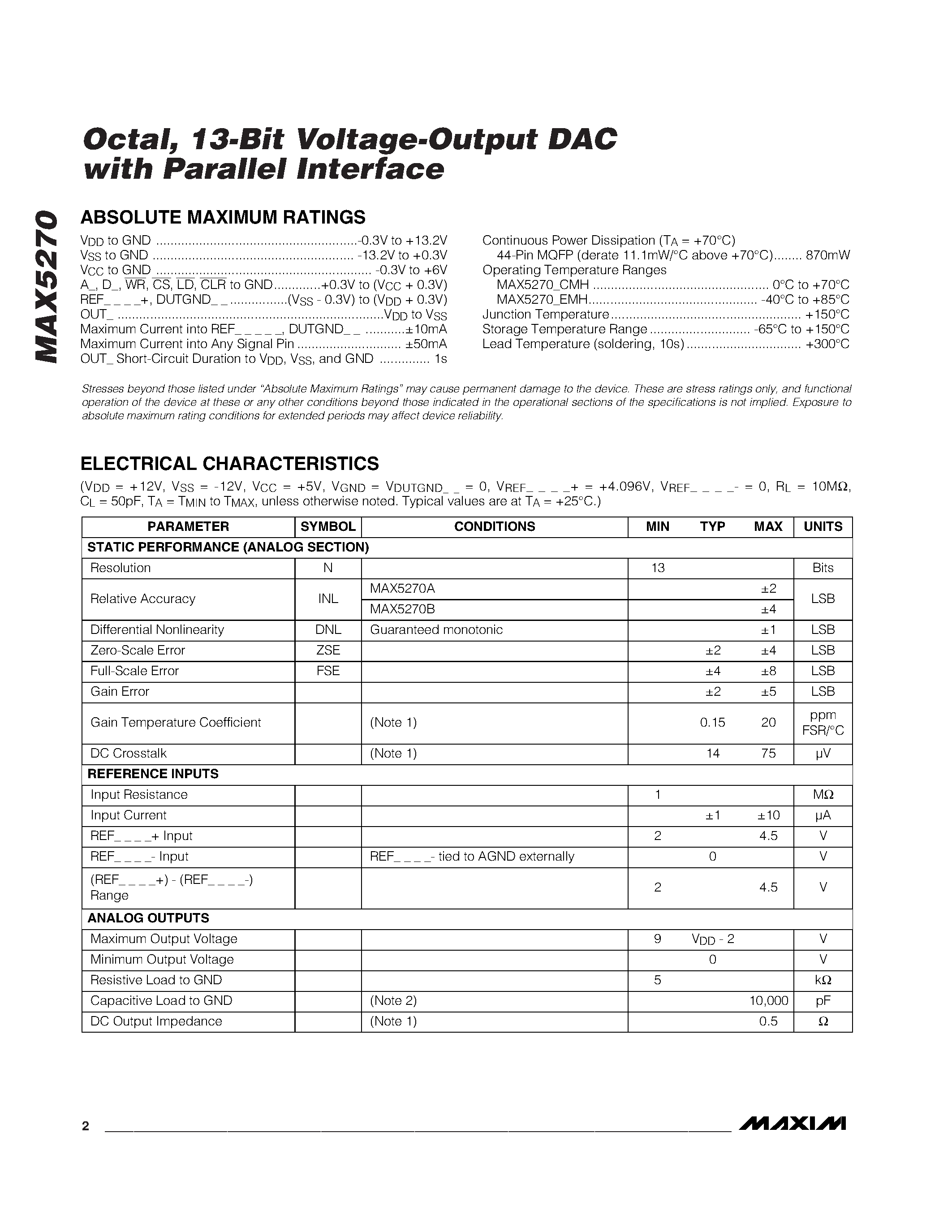 Datasheet MAX5270 - Octal / 13-Bit Voltage-Output DAC with Parallel Interface page 2