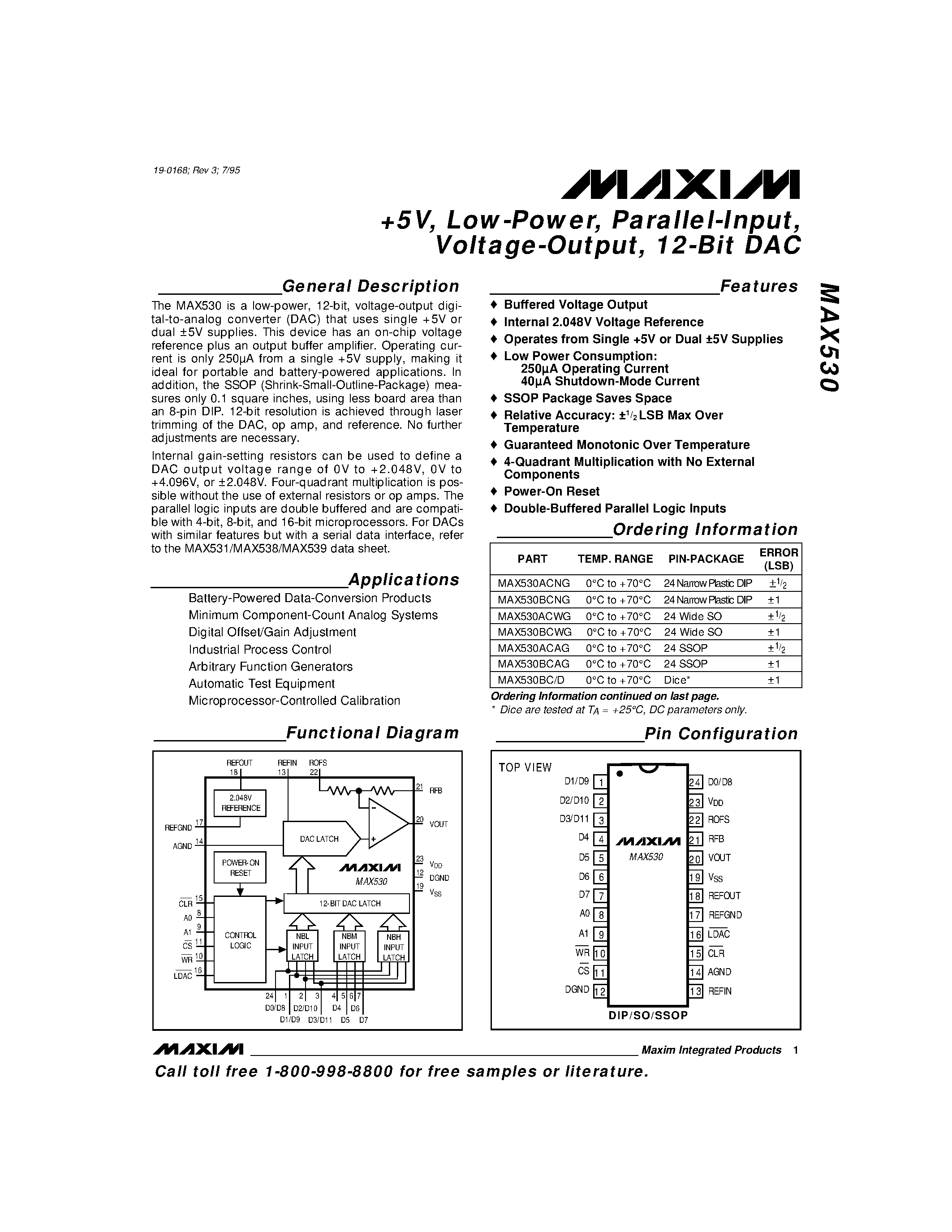 Datasheet MAX530 - +5V / Low-Power / Parallel-Input / Voltage-Output / 12-Bit DAC page 1