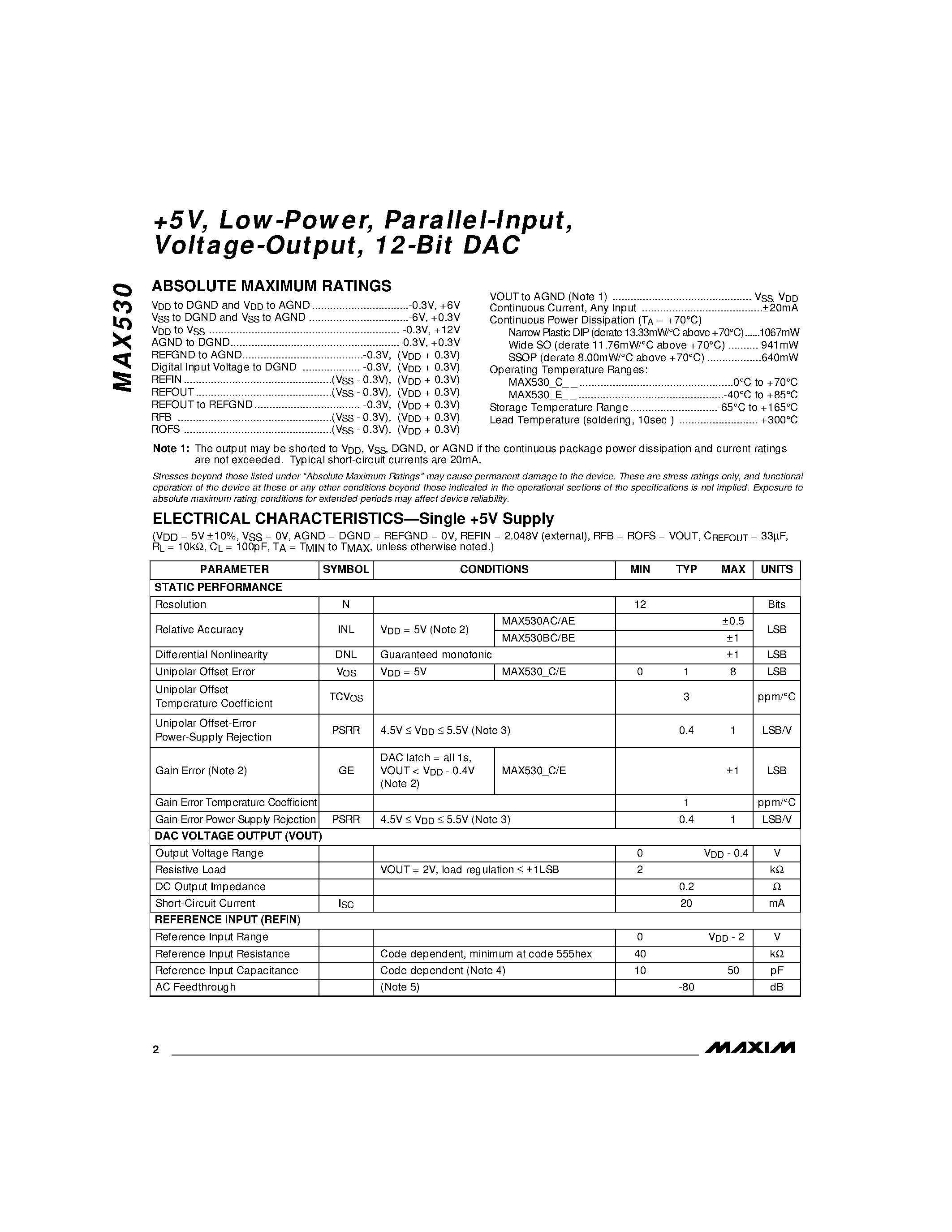 Datasheet MAX530 - +5V / Low-Power / Parallel-Input / Voltage-Output / 12-Bit DAC page 2