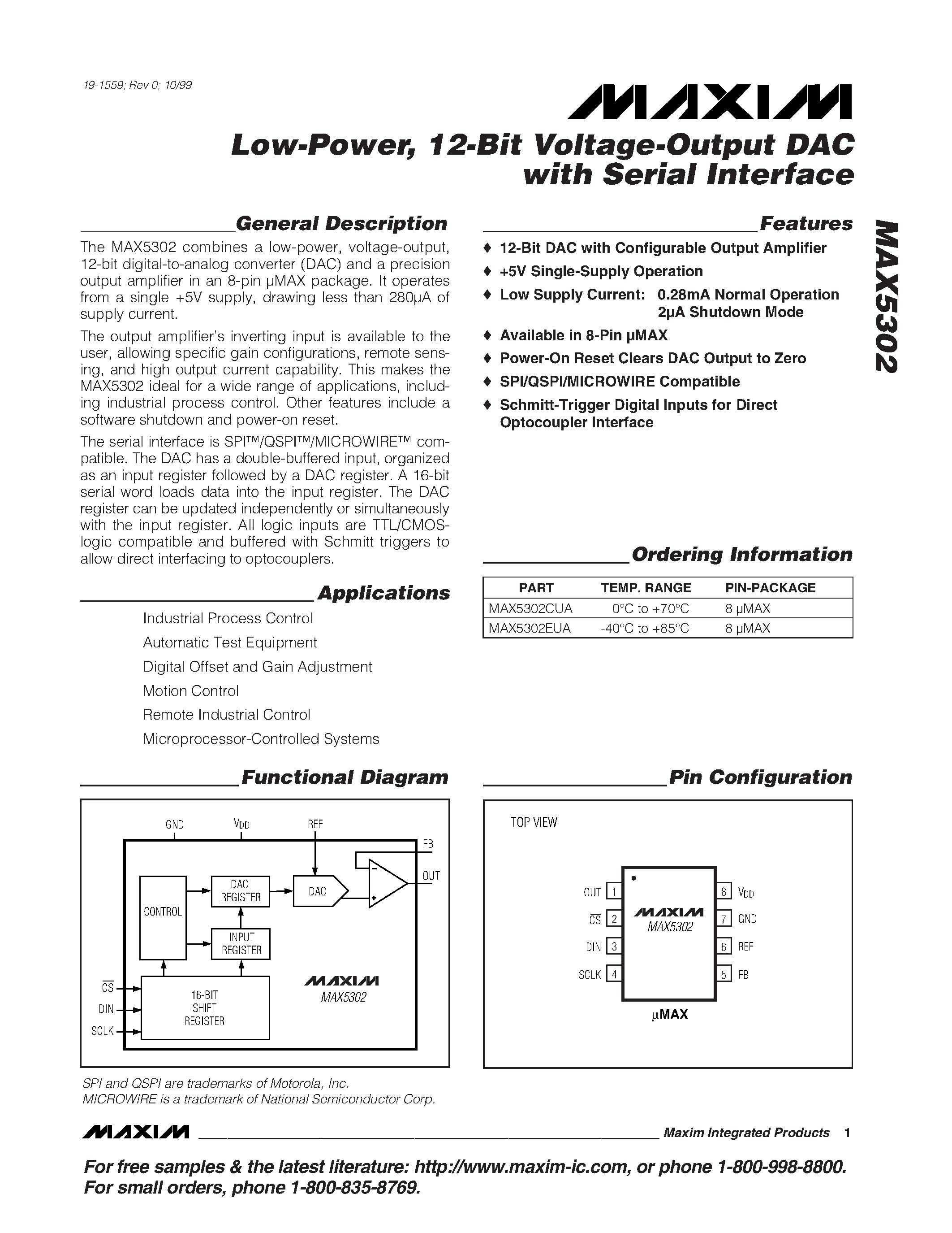 Datasheet MAX5302 - Low-Power / 12-Bit Voltage-Output DAC with Serial Interface page 1