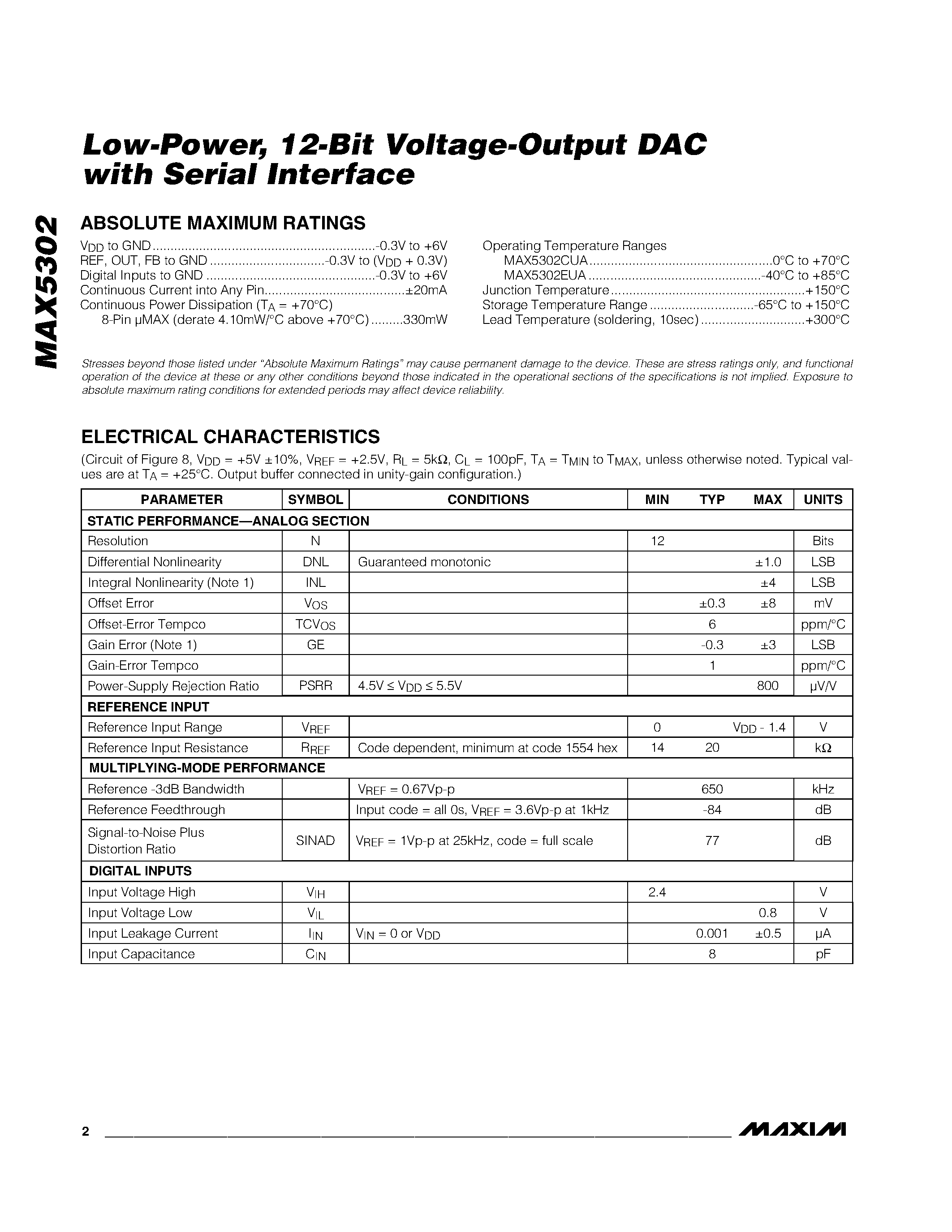 Datasheet MAX5302 - Low-Power / 12-Bit Voltage-Output DAC with Serial Interface page 2