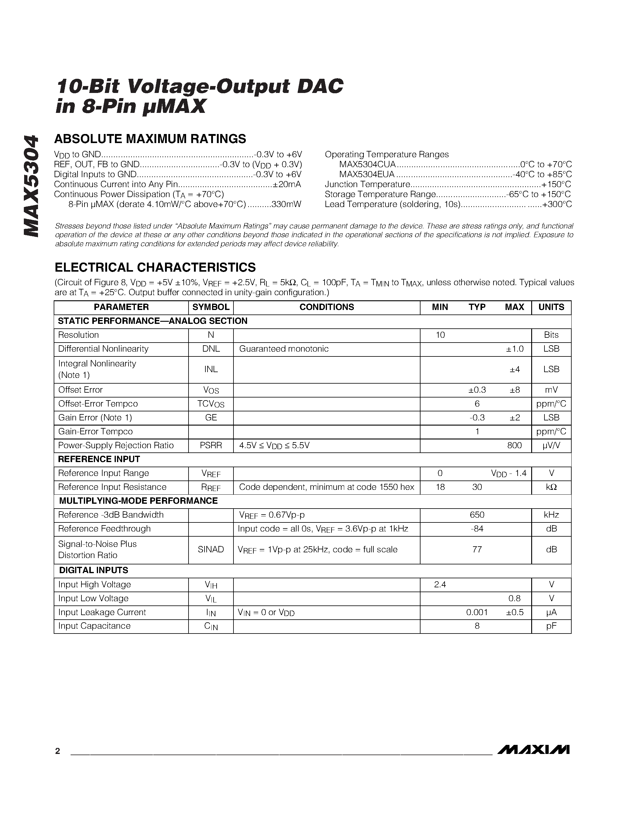 Datasheet MAX5304 - 10-Bit Voltage-Output DAC in 8-Pin MAX page 2