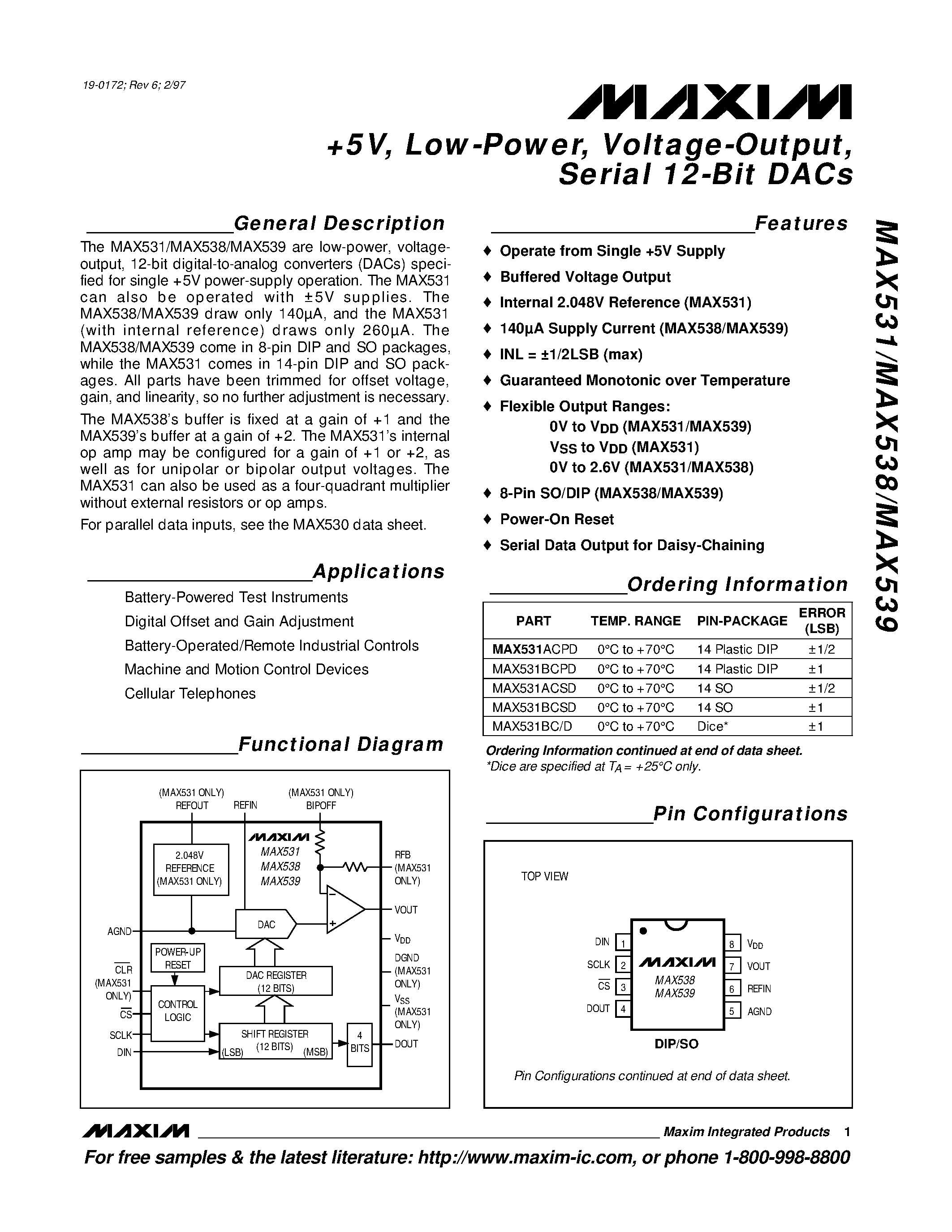 Даташит MAX531 - +5V / Low-Power / Voltage-Output / Serial 12-Bit DACs страница 1