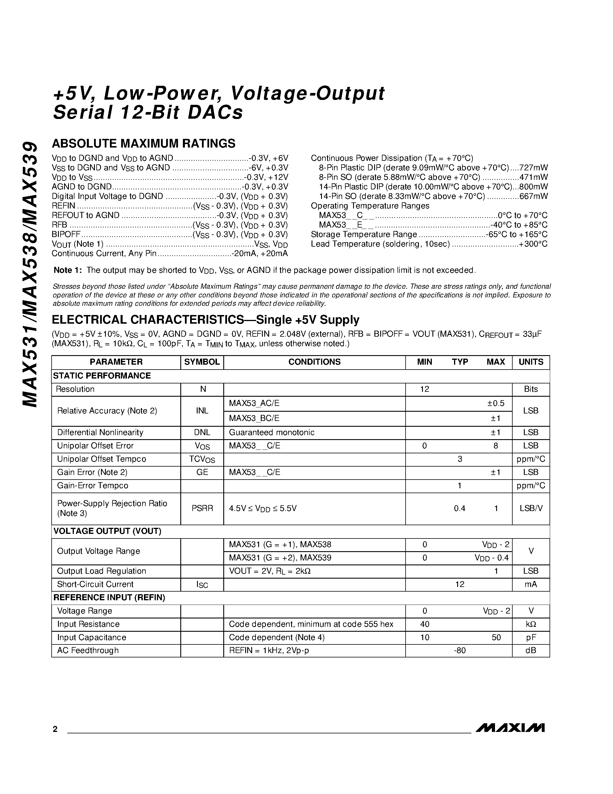 Даташит MAX531 - +5V / Low-Power / Voltage-Output / Serial 12-Bit DACs страница 2
