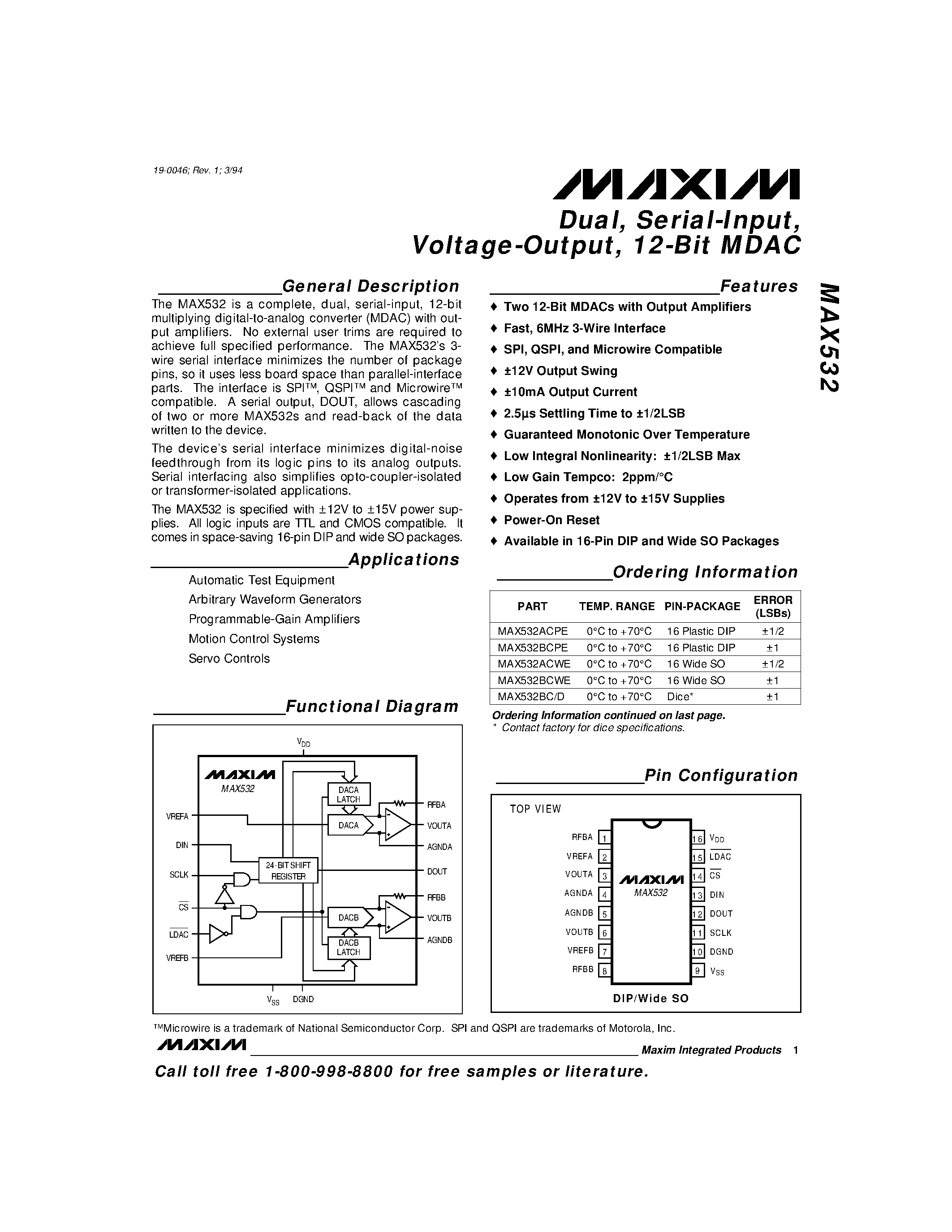 Datasheet MAX532 - Dual / Serial-Input / Voltage-Output / 12-Bit MDAC page 1