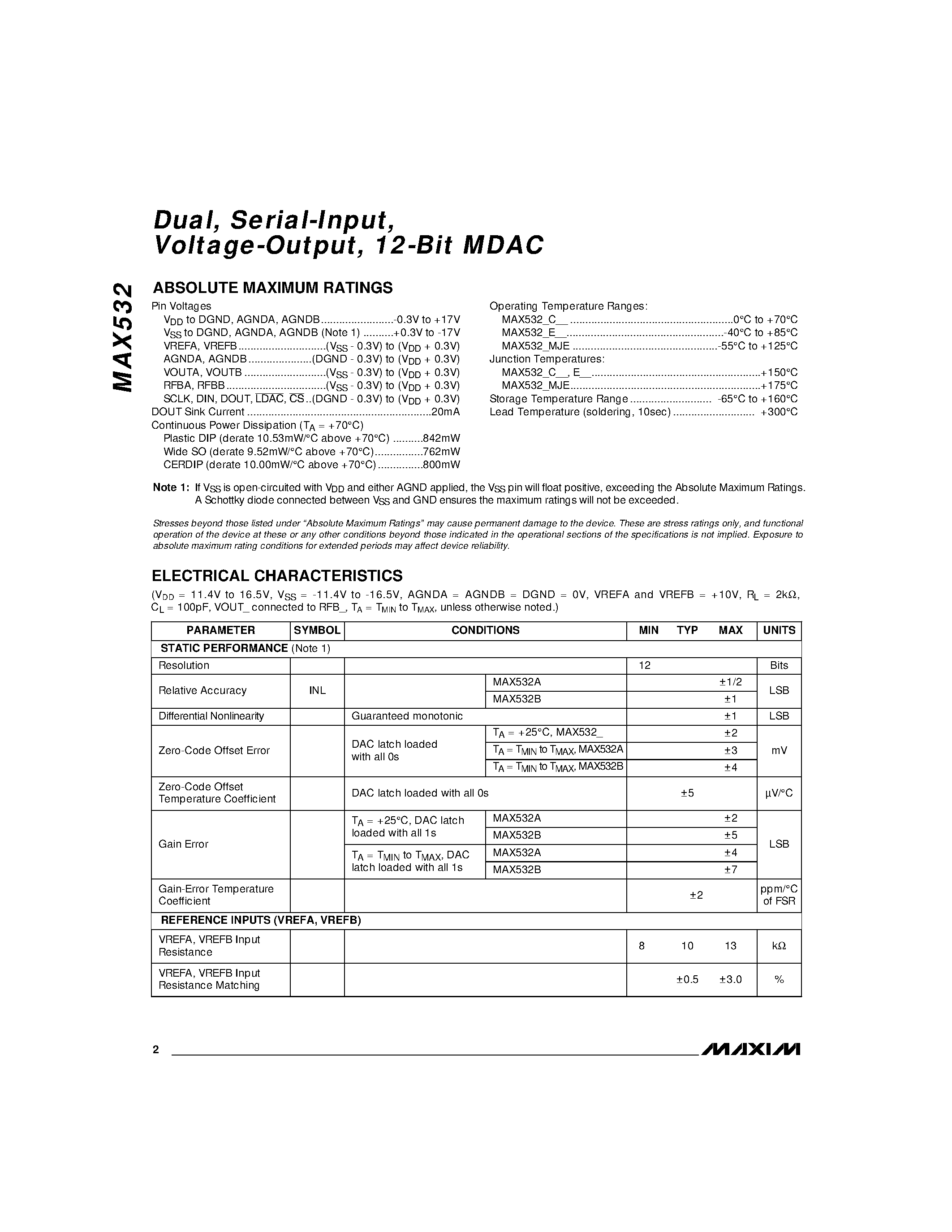 Datasheet MAX532 - Dual / Serial-Input / Voltage-Output / 12-Bit MDAC page 2