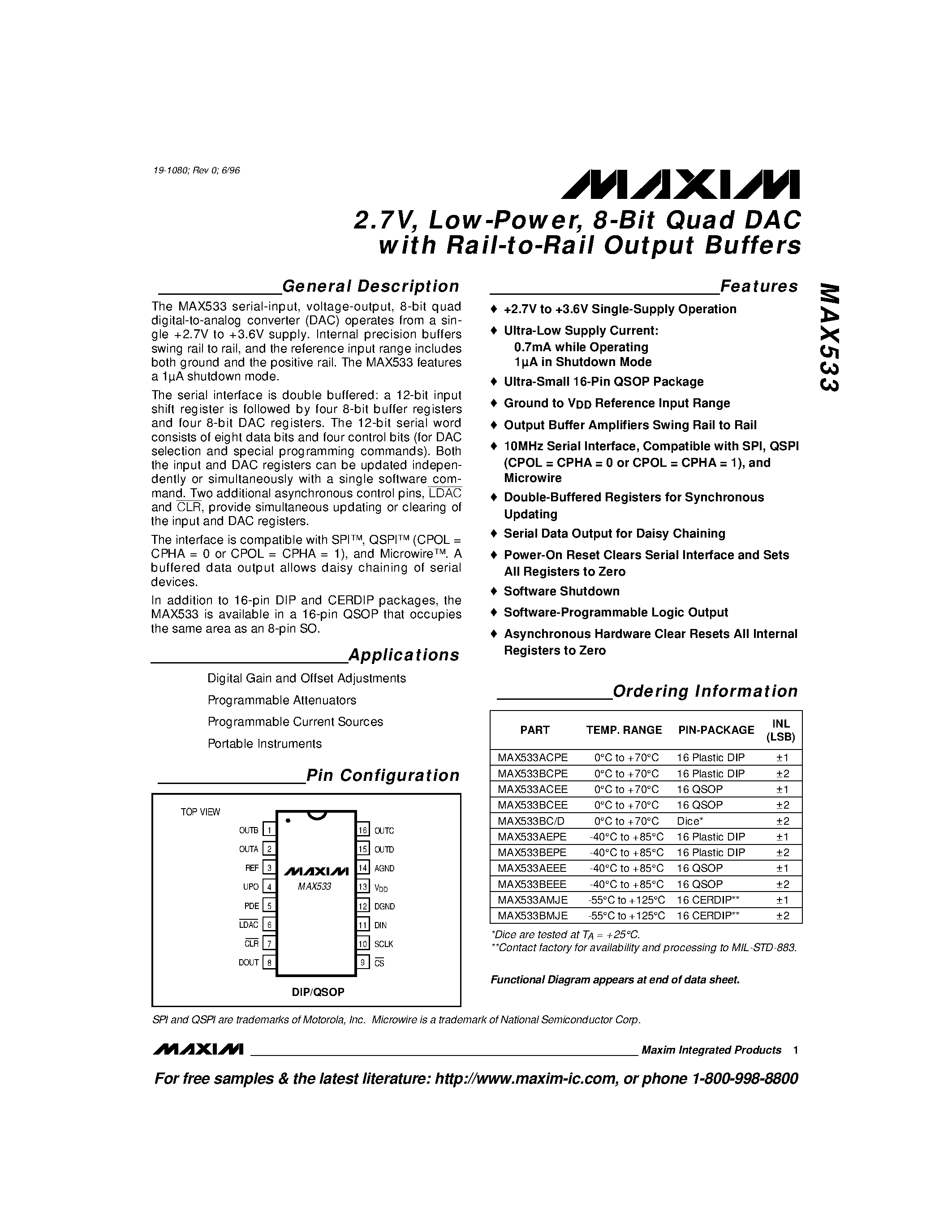Datasheet MAX533 - 2.7V / Low-Power / 8-Bit Quad DAC with Rail-to-Rail Output Buffers page 1