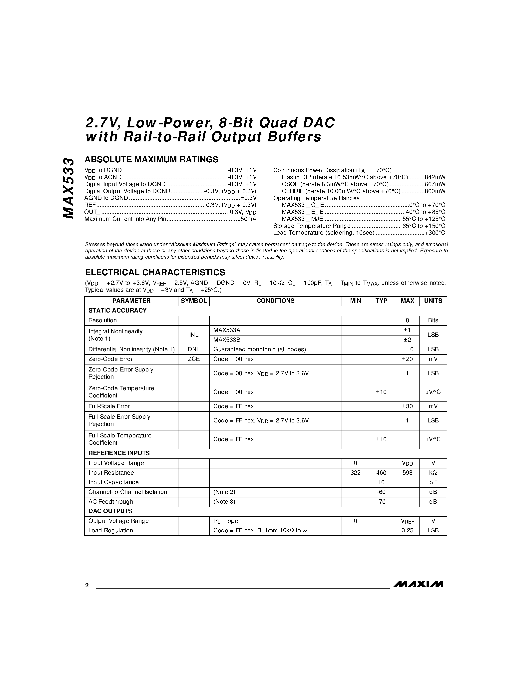 Datasheet MAX533 - 2.7V / Low-Power / 8-Bit Quad DAC with Rail-to-Rail Output Buffers page 2